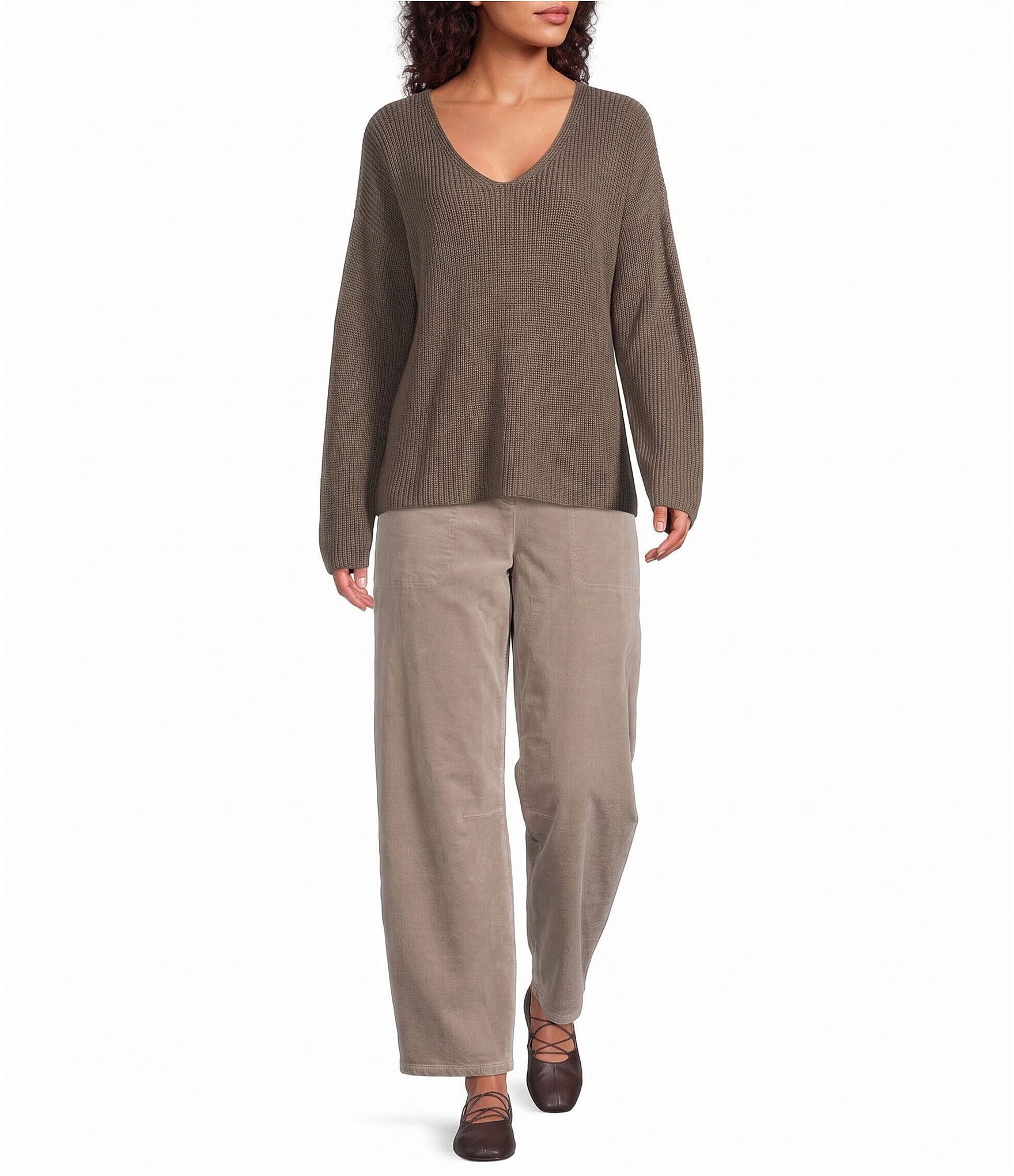 Eileen Fisher Peruvian Cotton-Blend V-Neck Long Sleeve Sweater