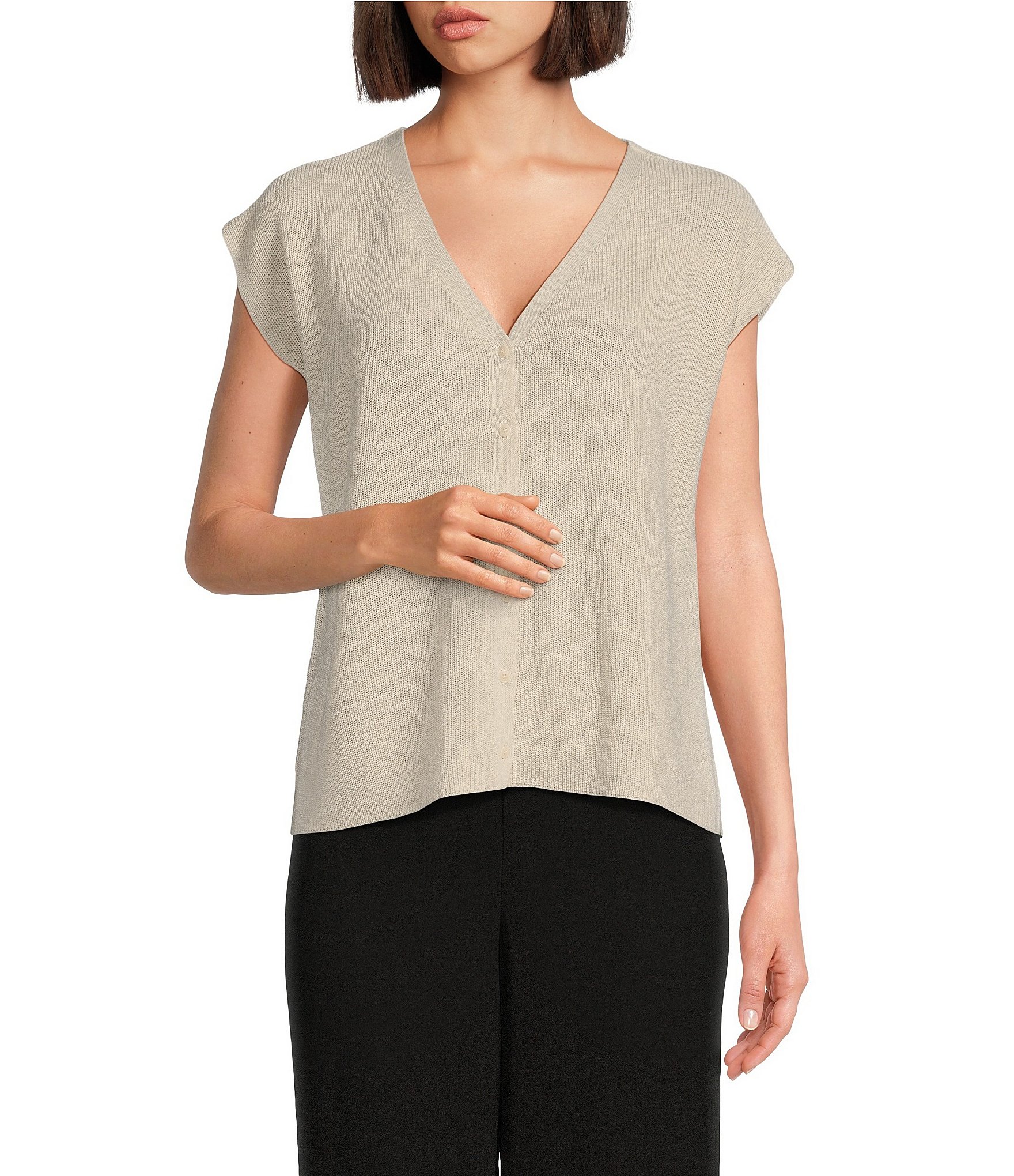 Eileen Fisher Peruvian Organic Cotton Crepe V-Neck Cap Sleeve Button-Front  Boxy Sweater | Dillard's