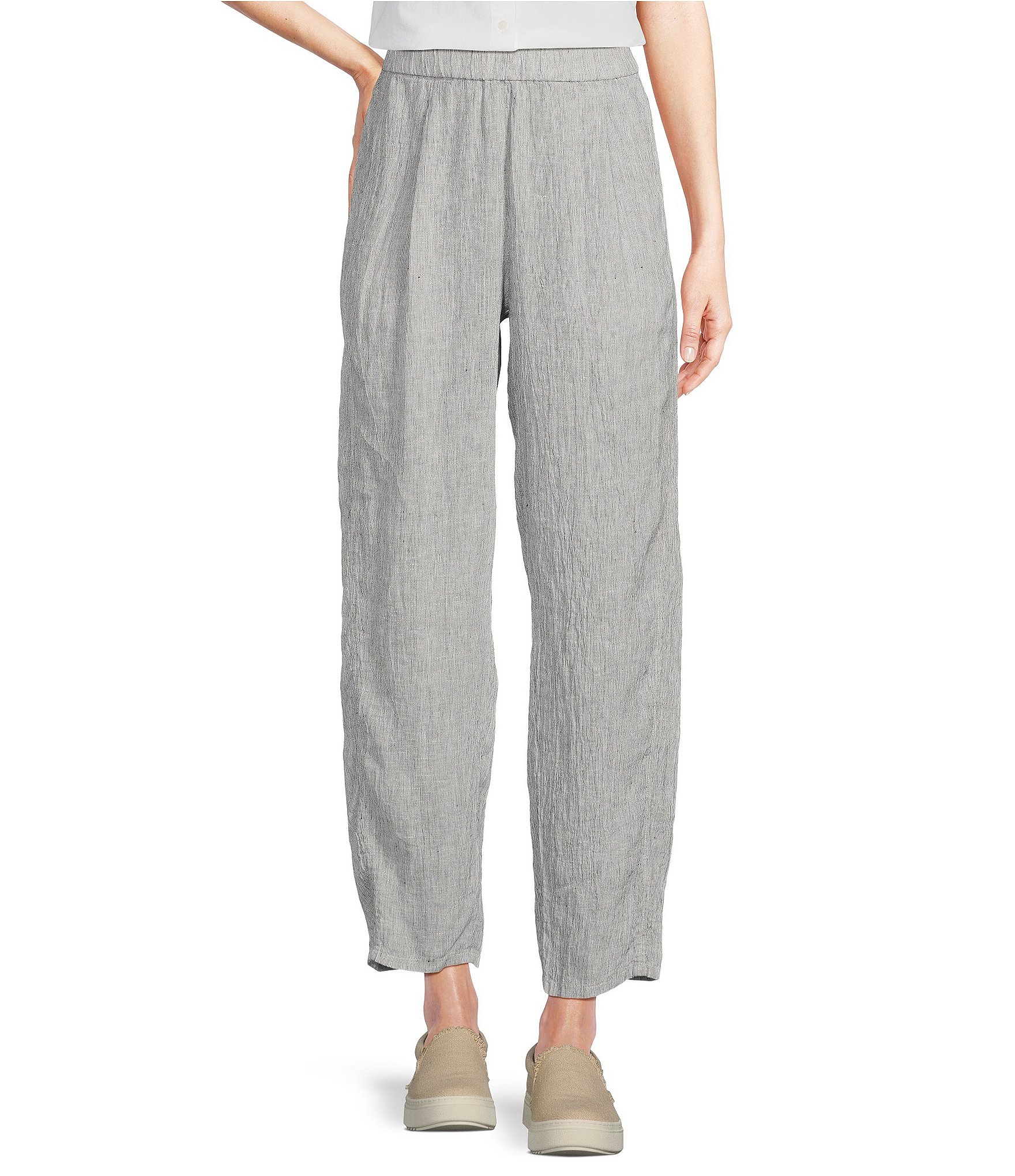 Eileen Fisher Petite Size Crinkled Striped Organic Linen Wide Tapered ...