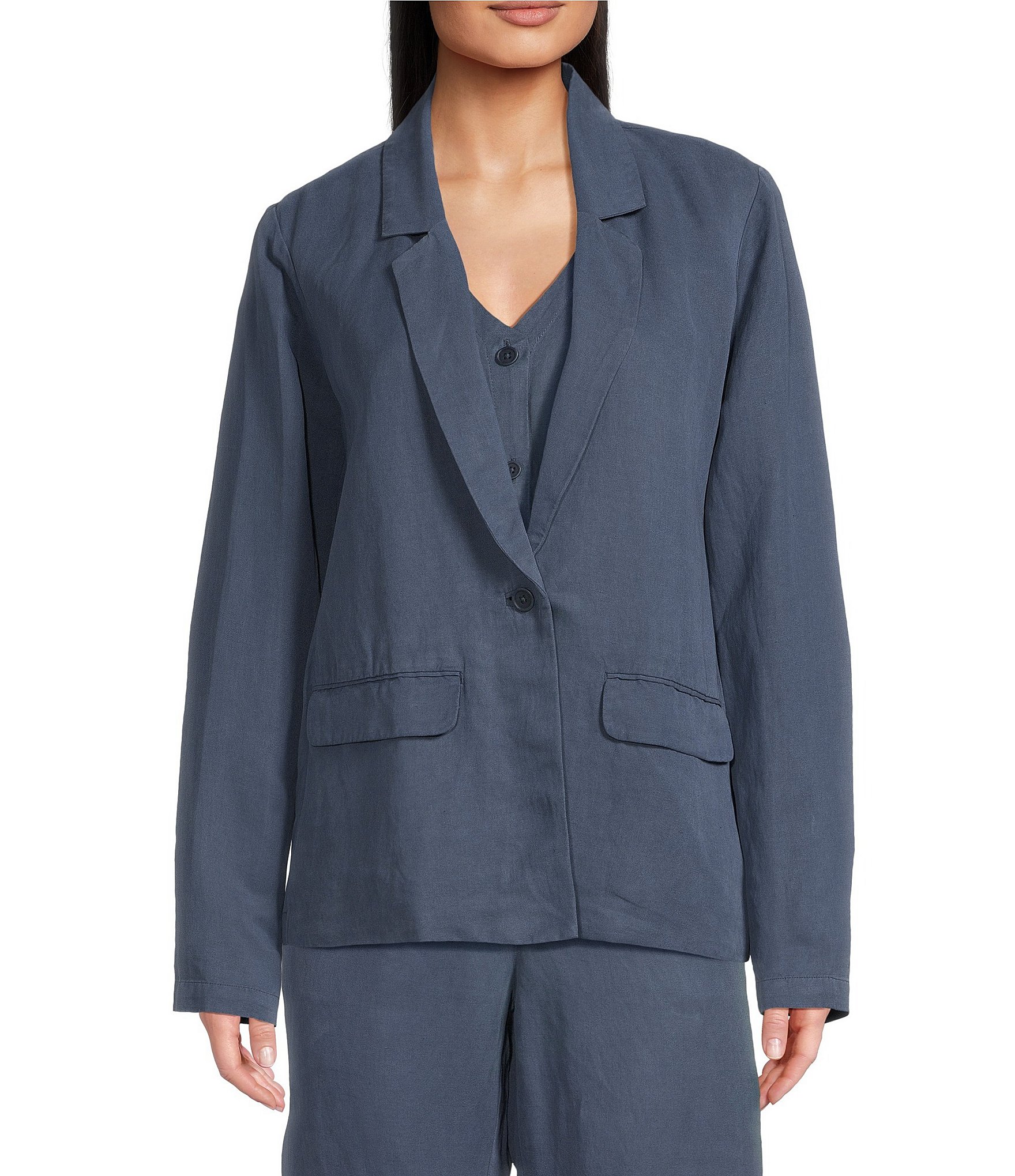 Eileen Fisher Petite Size Organic Linen Silk Twill Notch Lapel Long Sleeve Blazer