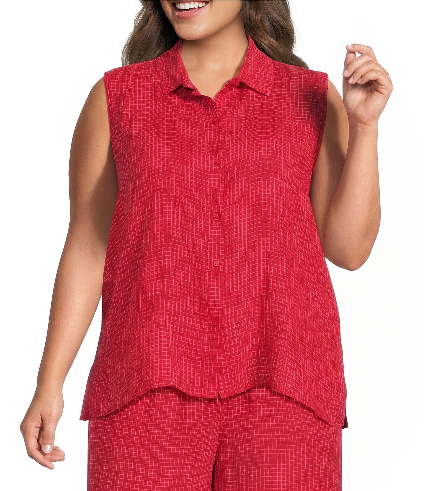Eileen Fisher Plus Puckered Organic Linen Grid Point Collar Sleeveless Button Front Shirt
