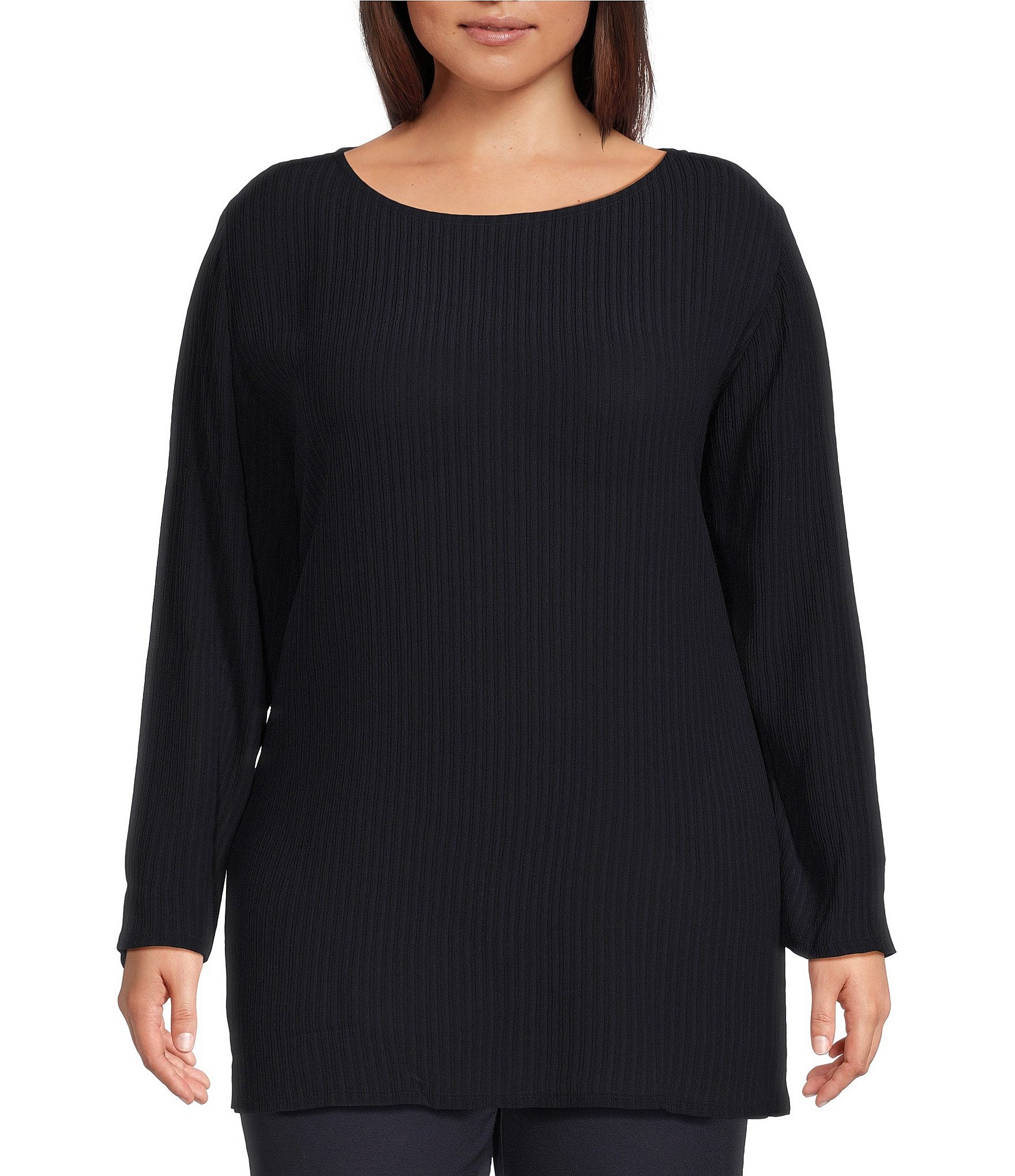 Eileen Fisher Plus Size Accordion Silk Jacquard Boat Neck Long Sleeve ...