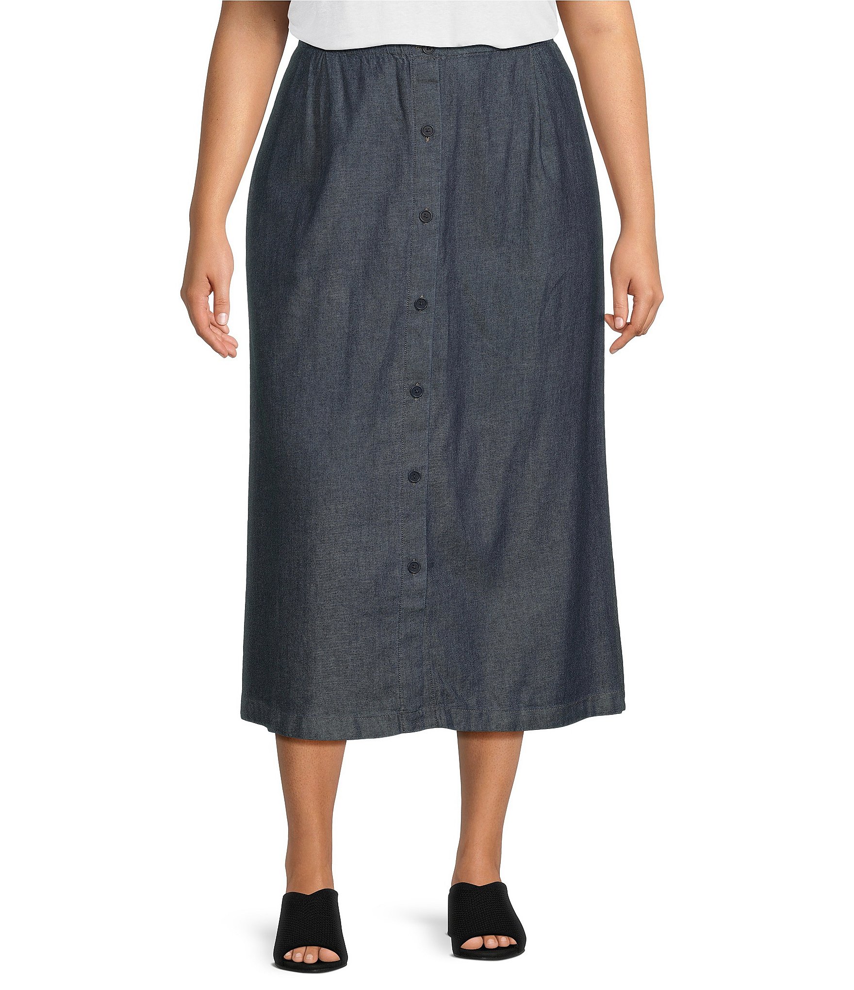 Eileen Fisher Plus Size Airy Organic Cotton Twill Button Front Midi ...