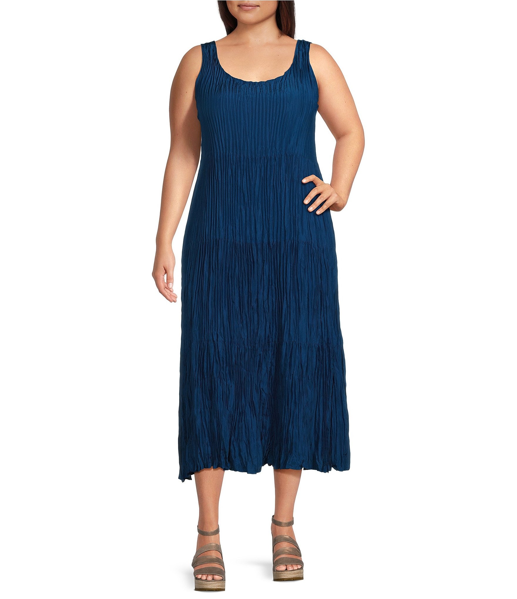 Eileen Fisher Plus Size Crinkle Silk Scoop Neck Sleeveless A-Line ...