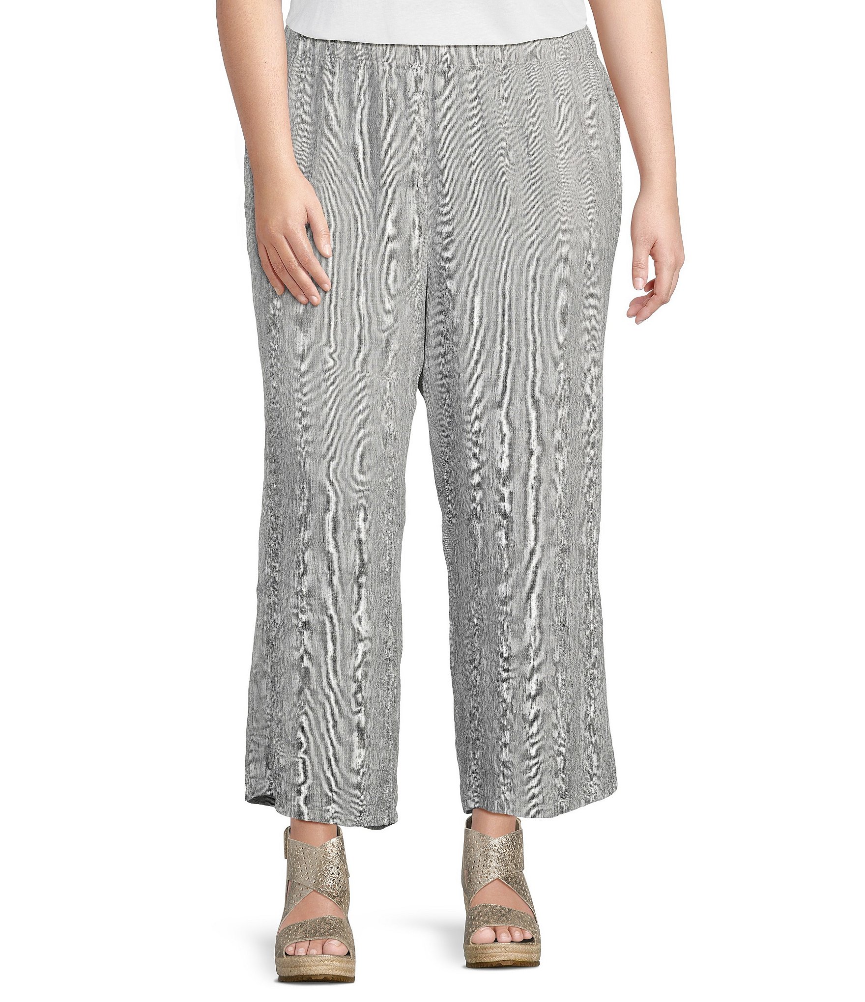 Eileen Fisher Plus Size Crinkled Striped Organic Linen Wide Leg Pull-On ...