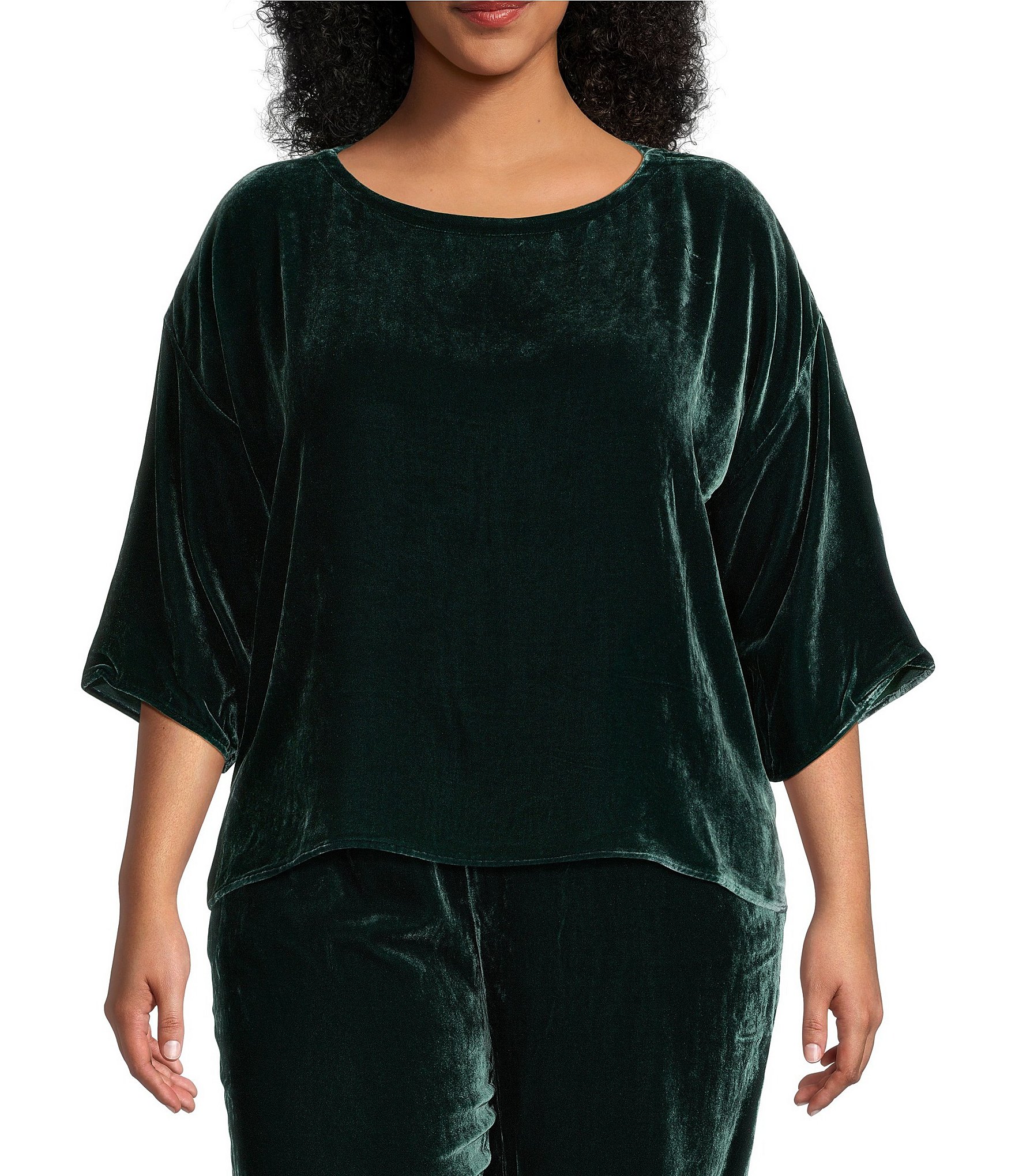 Eileen Fisher Plus Size Drapey Velvet Boat Neck 3/4 Sleeve Box Top ...