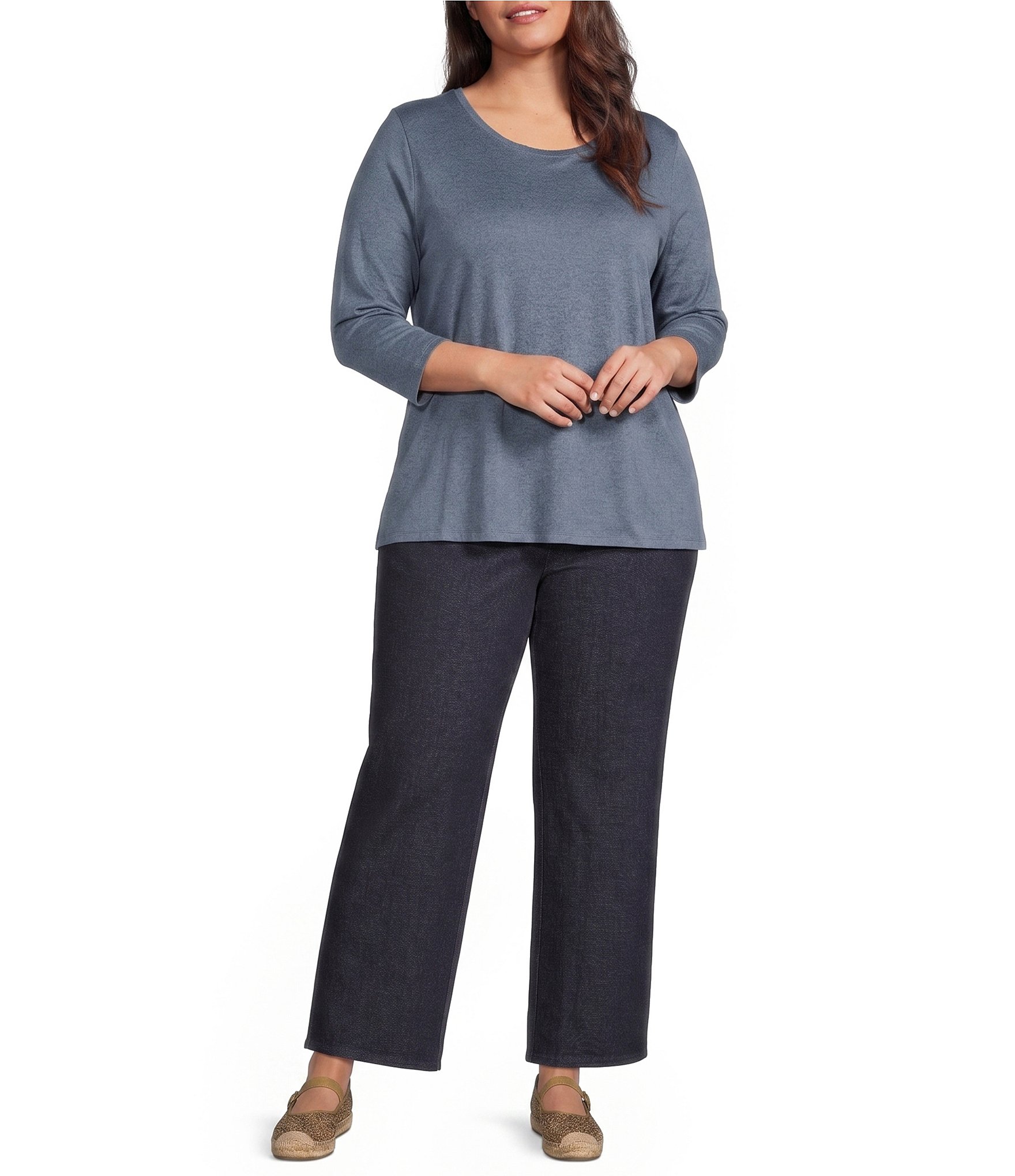 Eileen Fisher Plus Size Jersey Knit Round Neck 3/4 Sleeve Tee