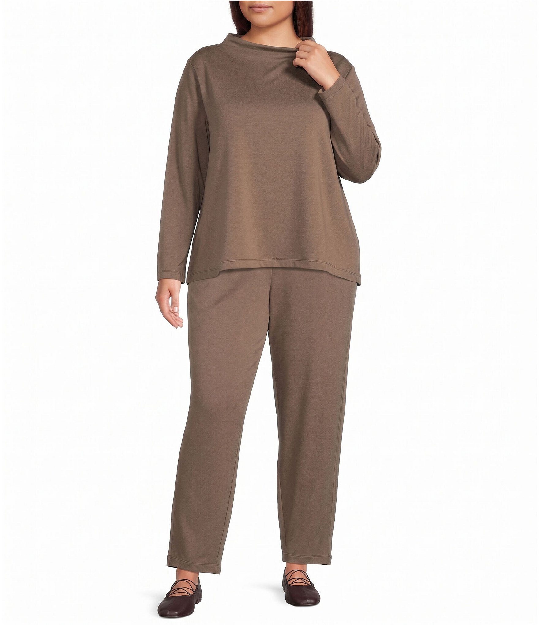 Eileen Fisher Plus Size Organic Cotton Blend Brushed Terry Pull-On Straight Leg Ankle Pants