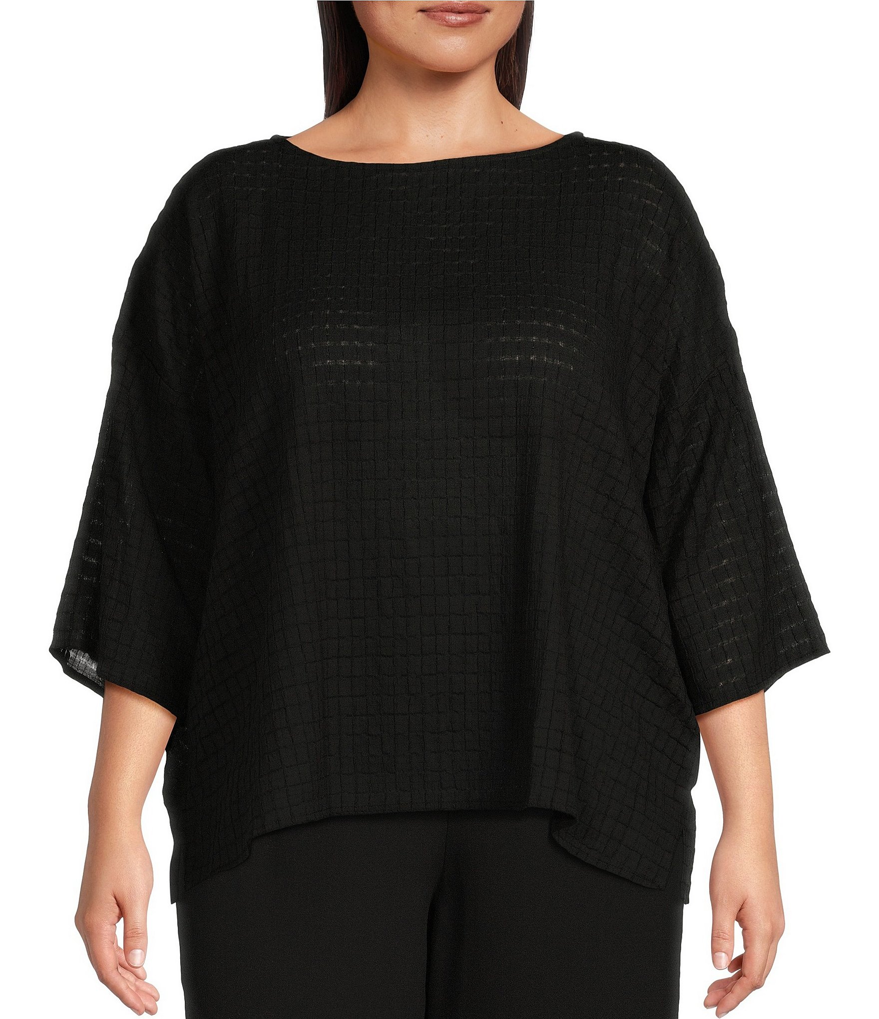 Eileen Fisher Plus Size Organic Cotton Voile Textured Boat Neck 3/4 ...