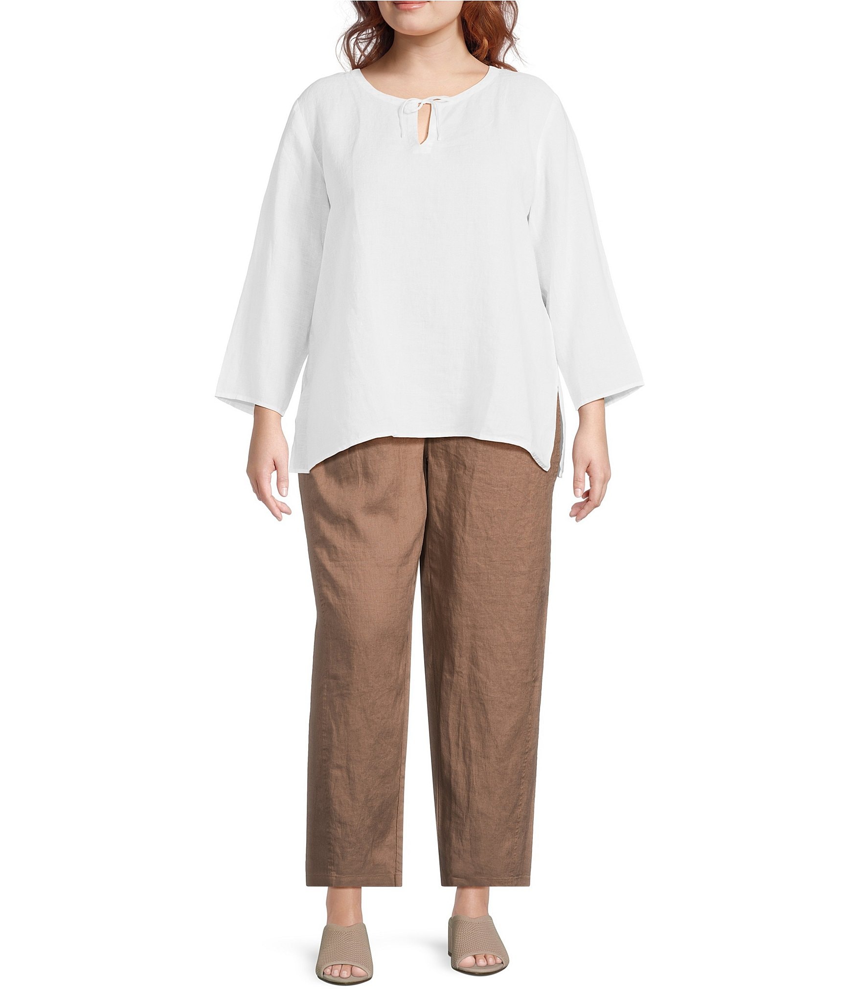 Eileen Fisher Plus Size Organic Handkerchief Linen Split V-Neck Long Sleeve Top