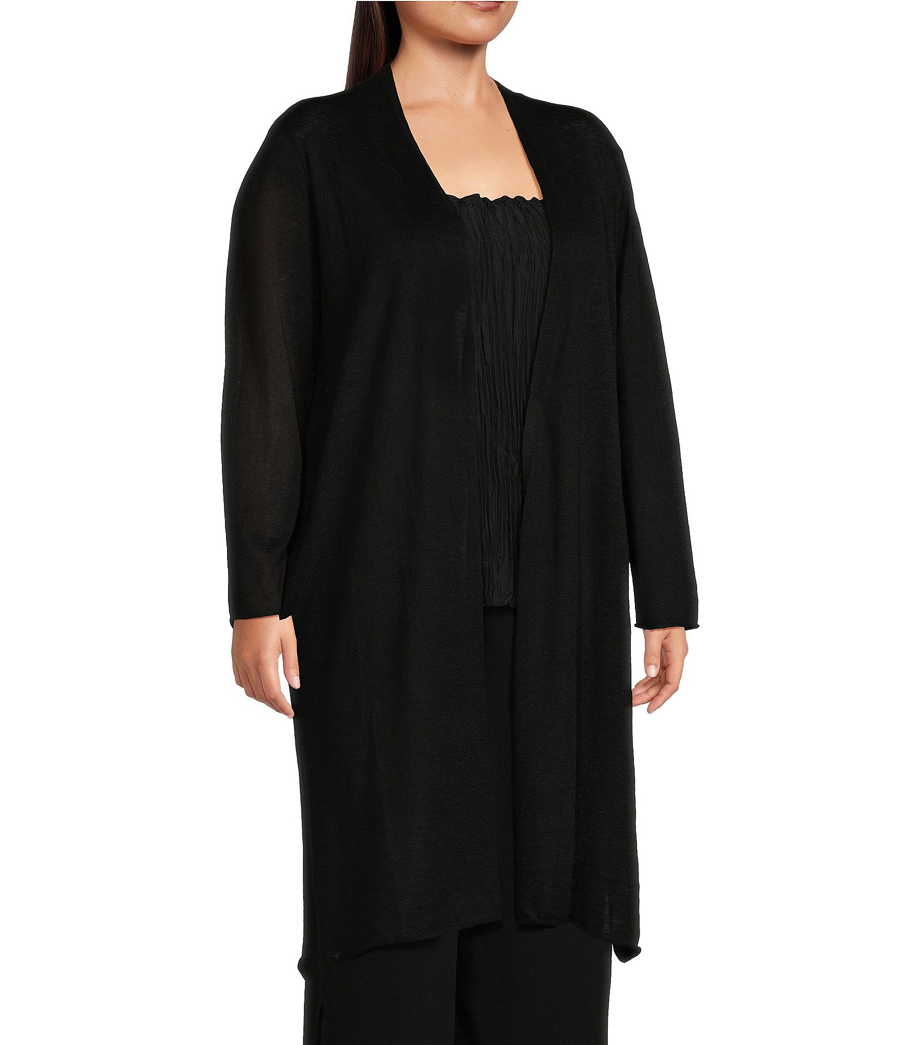 Eileen Fisher Plus Size Organic Linen and Cotton Blend Long Sleeve Side Slit Open-Front Cardigan