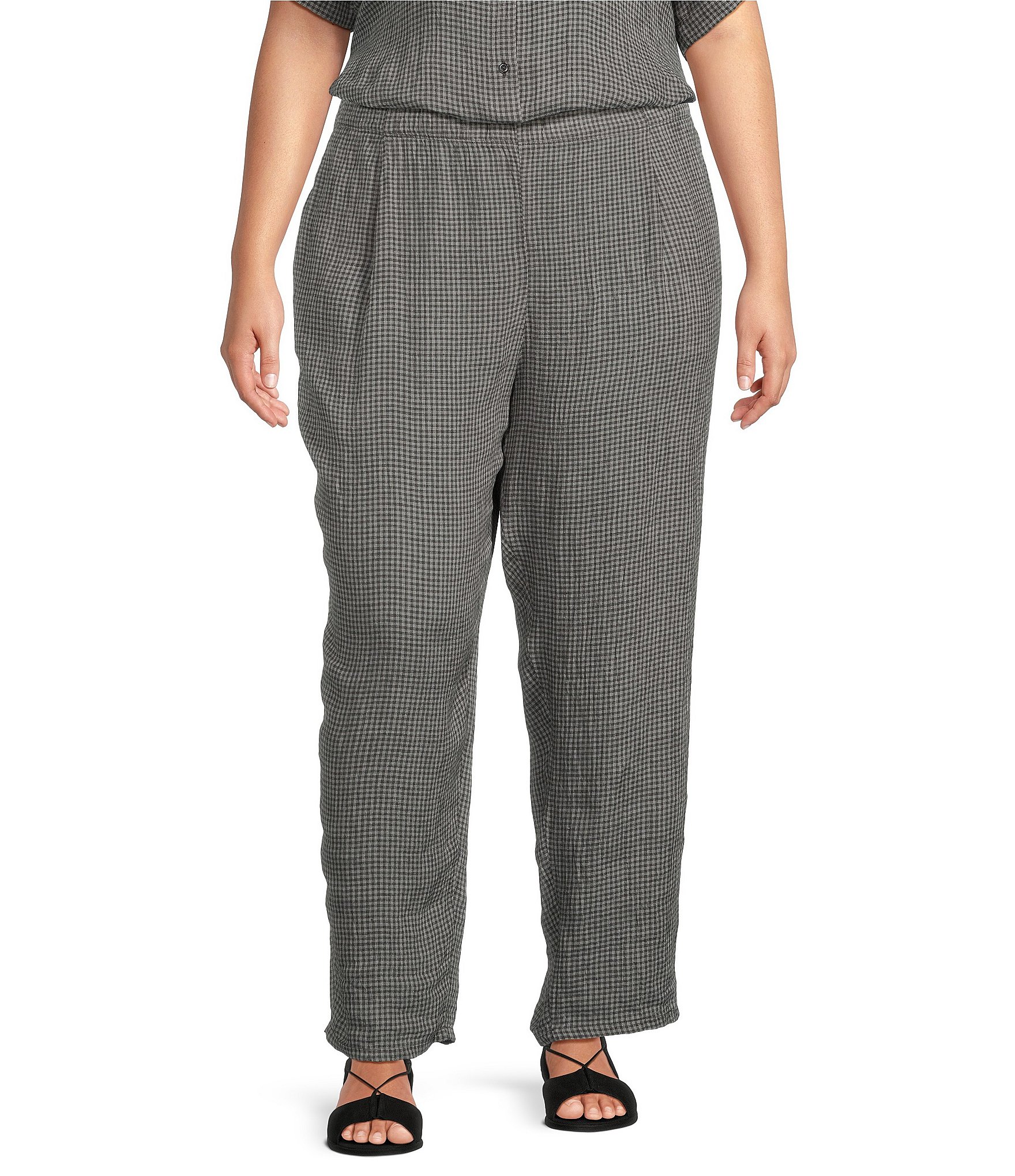 Eileen Fisher Plus Size Organic Linen Check Print Tapered Leg Pleated ...