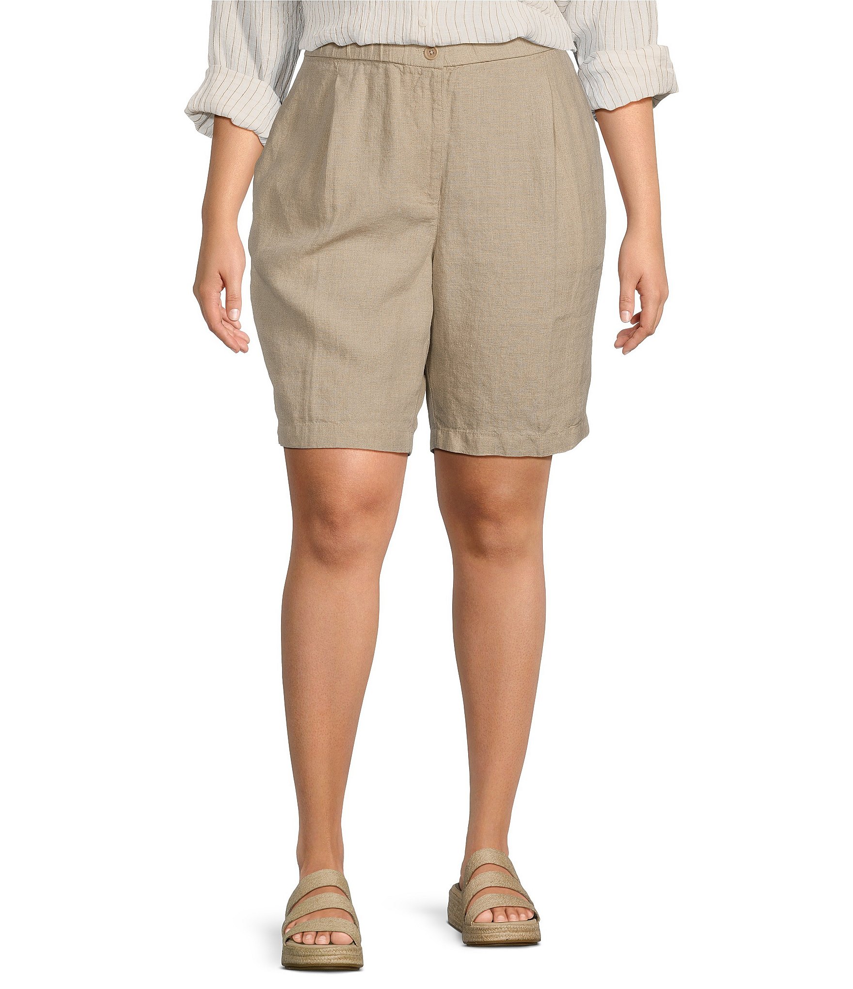 Eileen Fisher Plus Size Organic Linen Elastic Waist Flat Front Shorts ...