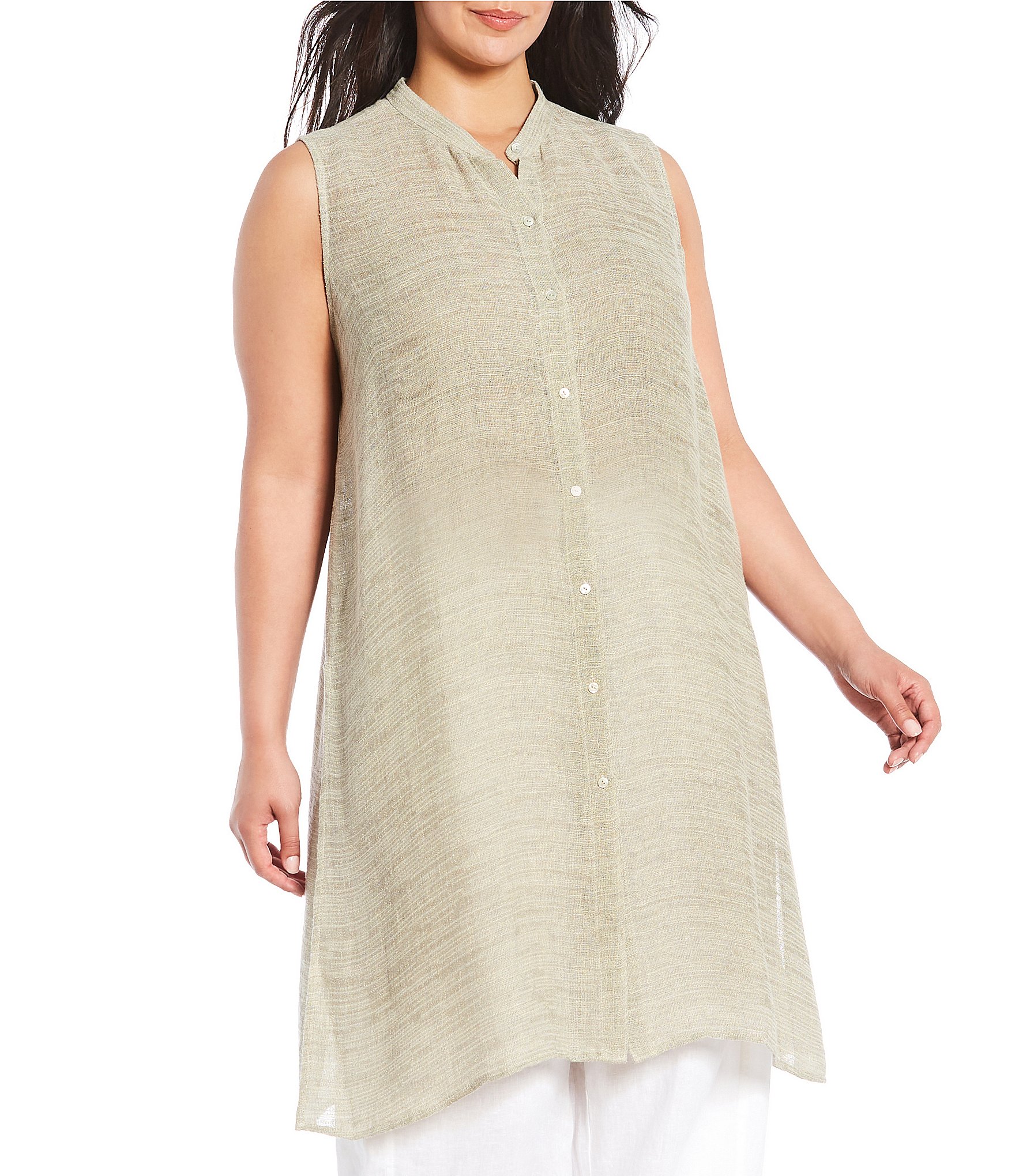 Eileen Fisher Plus Size Organic Linen Blend Gauze Sleeveless Long 