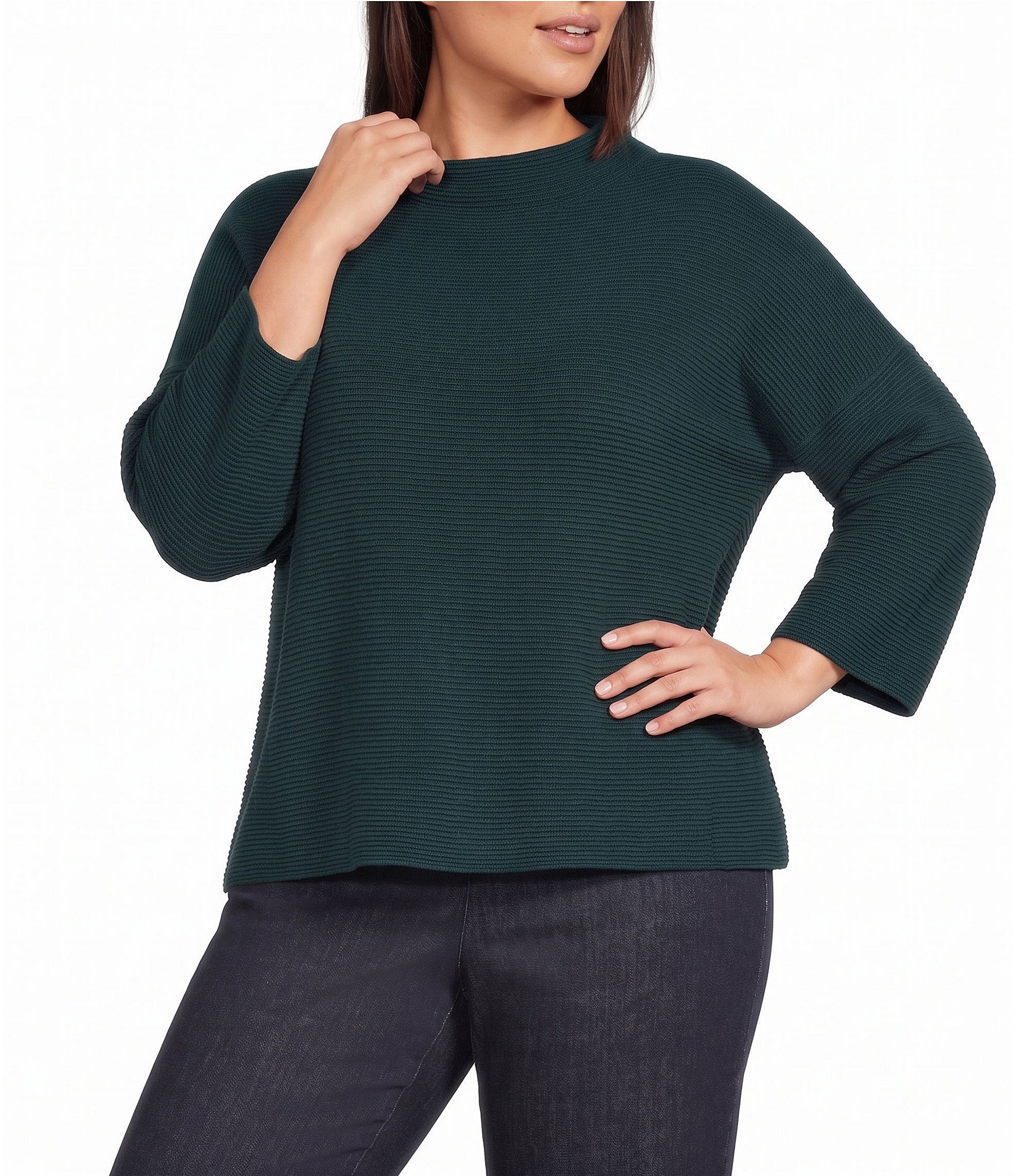 Eileen Fisher Plus Size Peruvian Organic Cotton-Blend Funnel Neck Bracelet Sleeve Sweater