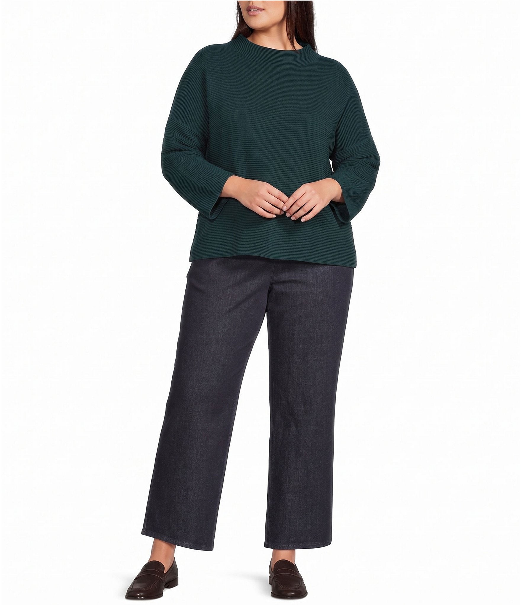 Eileen Fisher Plus Size Peruvian Organic Cotton-Blend Funnel Neck Bracelet Sleeve Sweater
