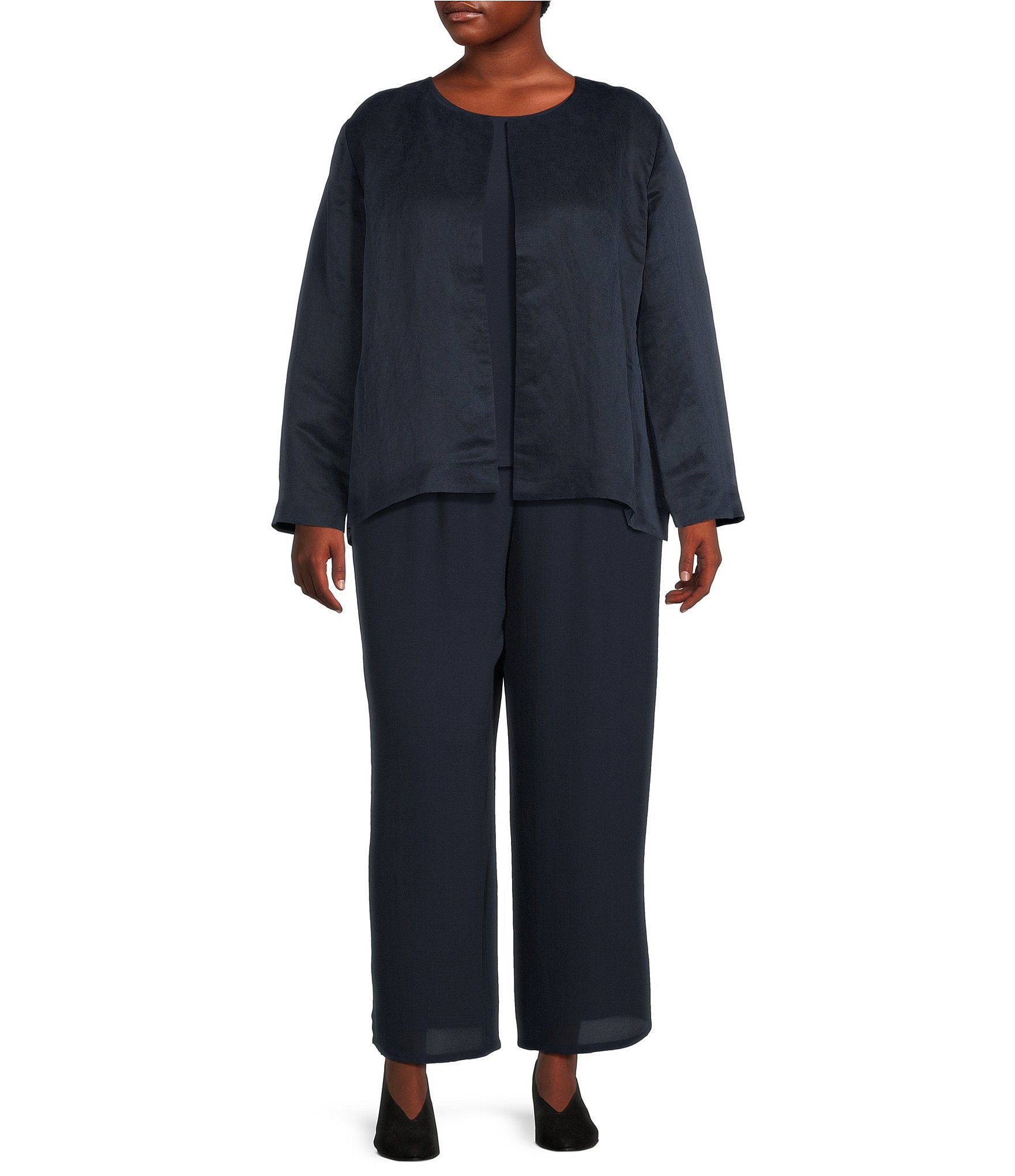 Eileen Fisher Plus Size Silk Georgette Crepe Elastic Waisted Wide Leg Pull-On Ankle Pants