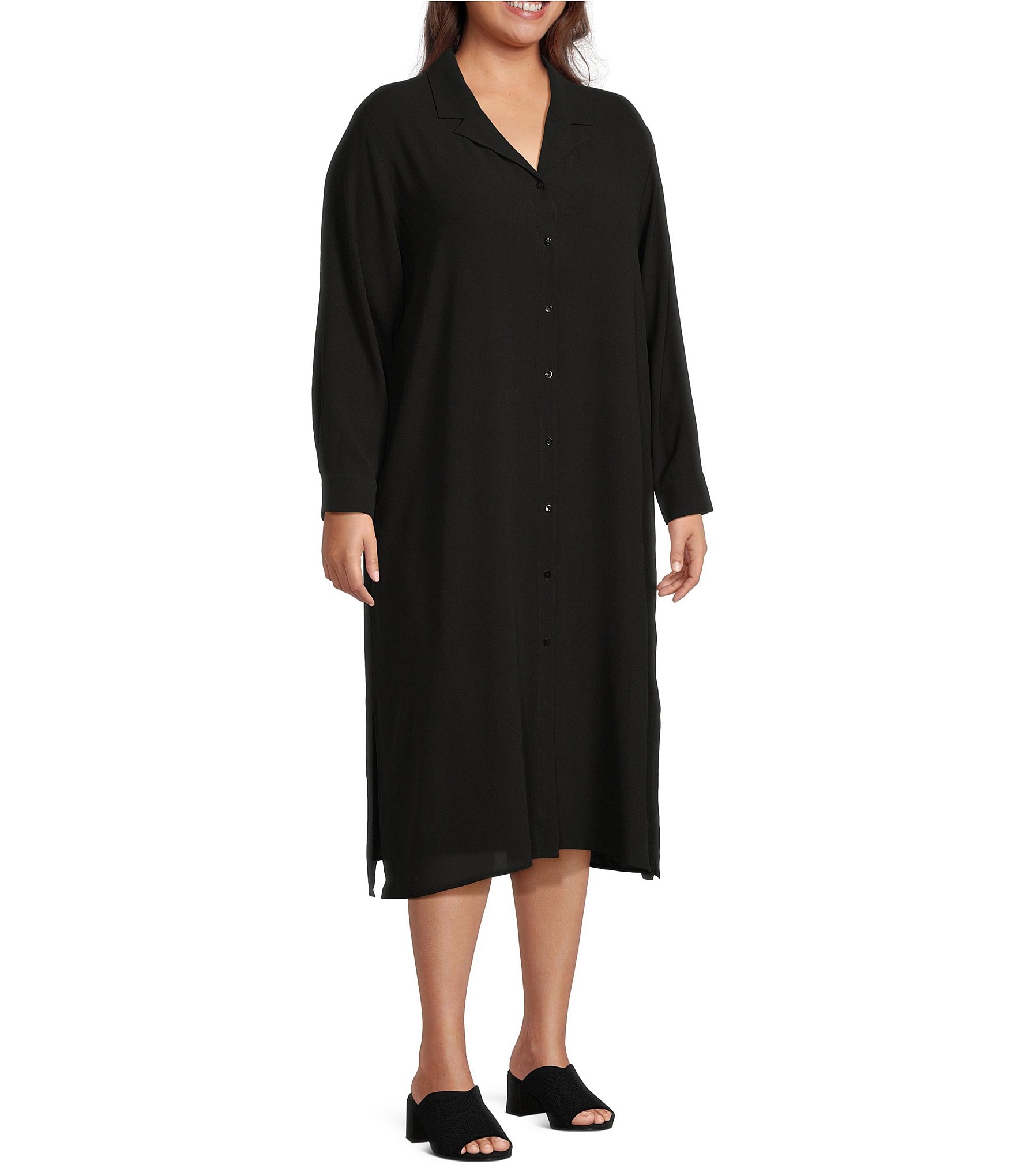 Eileen Fisher Plus Size Silk Georgette Crepe Notch Collar Short Sleeve Button Front Dress