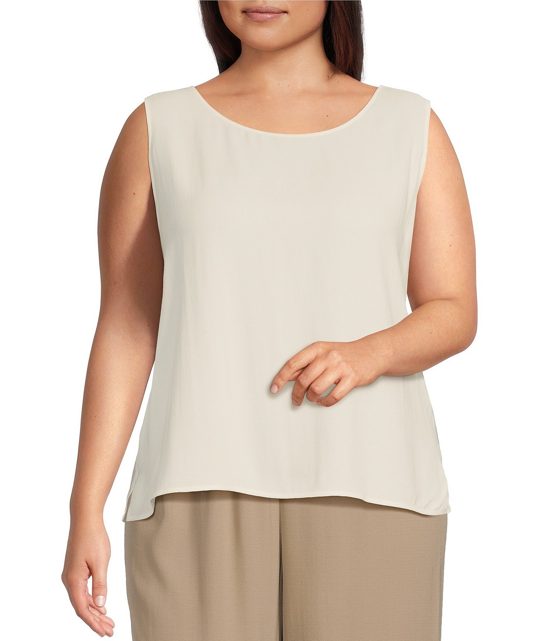 Eileen Fisher Plus Size Silk Georgette Crepe Boat Neck Sleeveless Tunic