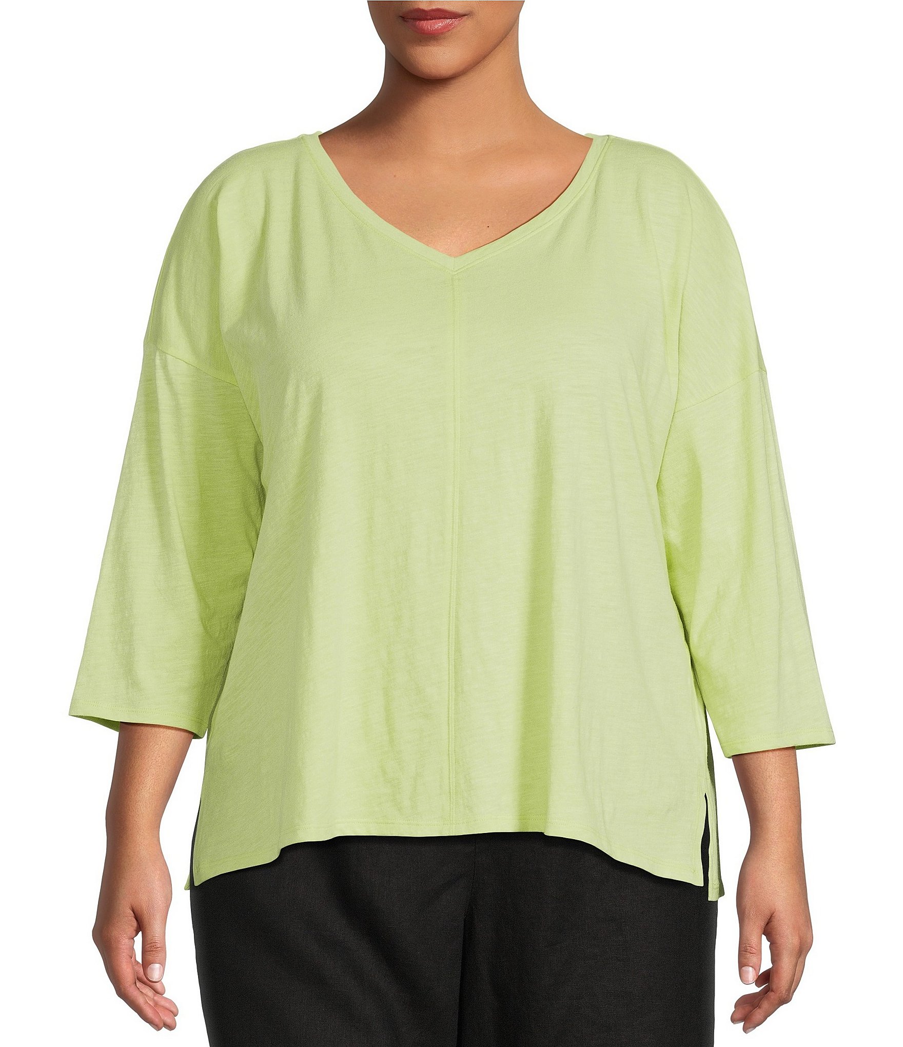 Eileen Fisher Plus Size Slubby Organic Cotton Jersey V-Neck 3/4 Sleeve ...