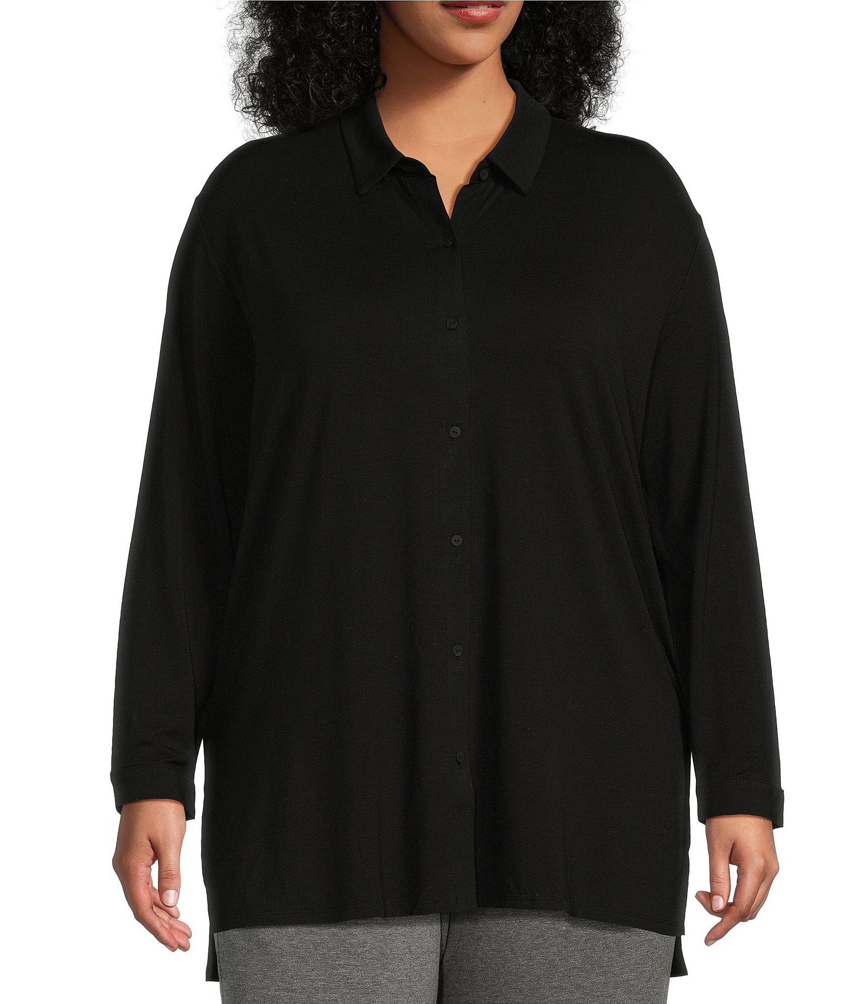 Eileen Fisher Plus Size Woven Plisse Point Collar Long Sleeve Coordinating  Button Front Shirt
