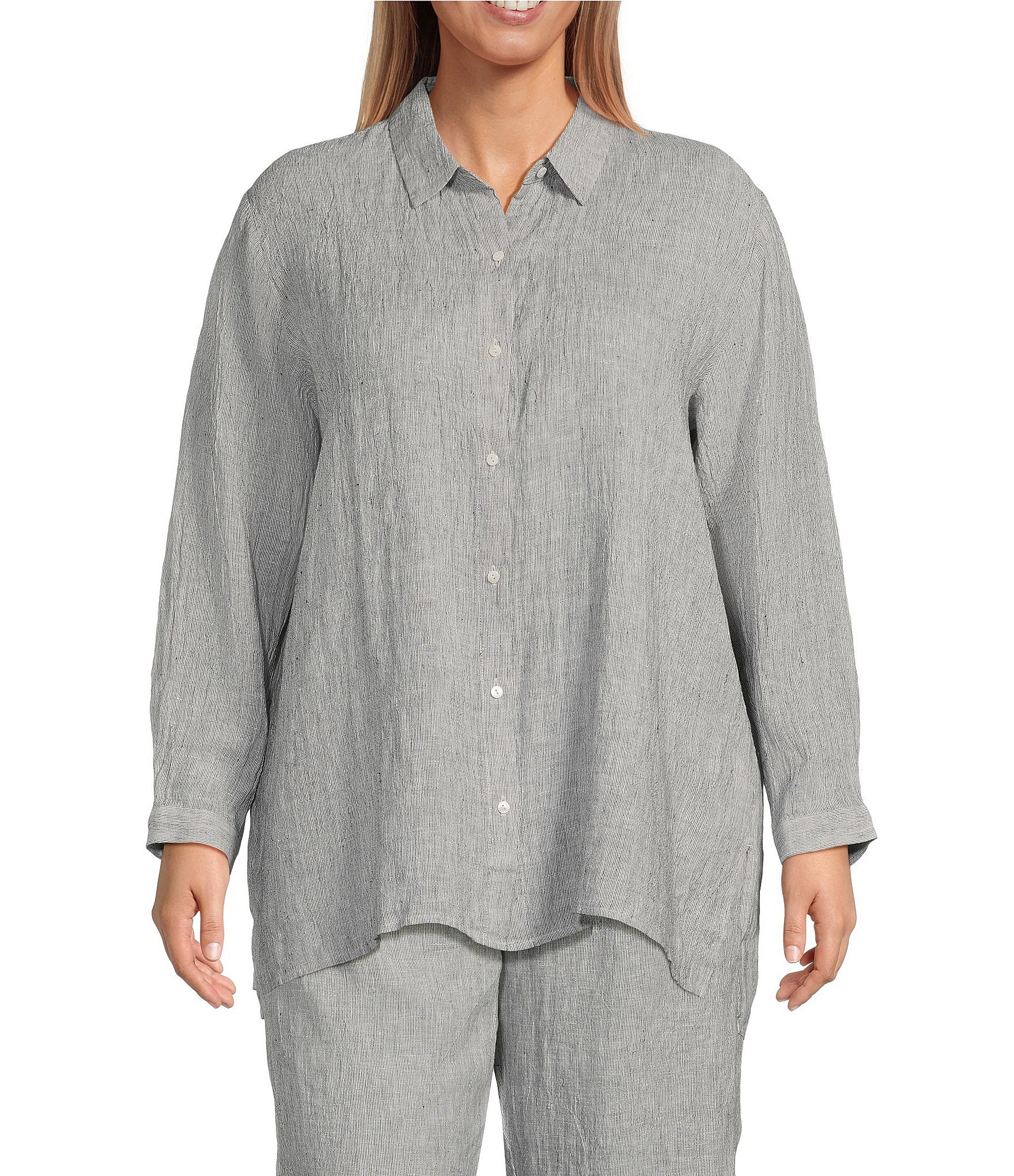 Eileen Fisher Plus Size Striped Crinkle Organic Linen Point Collar Long Sleeve Hi Low Hem Button Front Shirt Dillard s