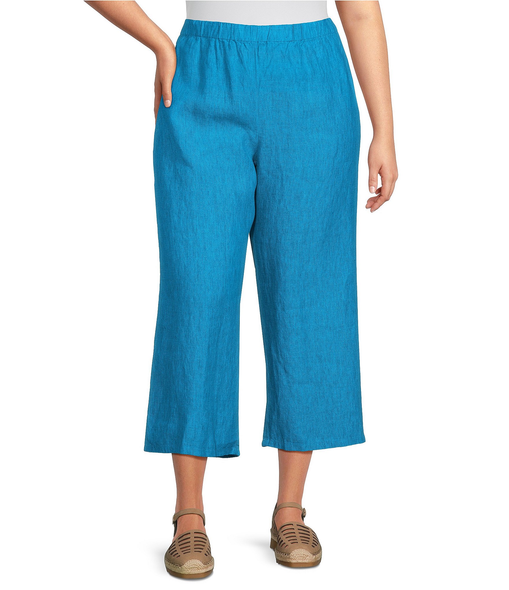 Eileen Fisher Plus Size Washed Organic Linen Elastic Waist Wide Leg Cropped Pants