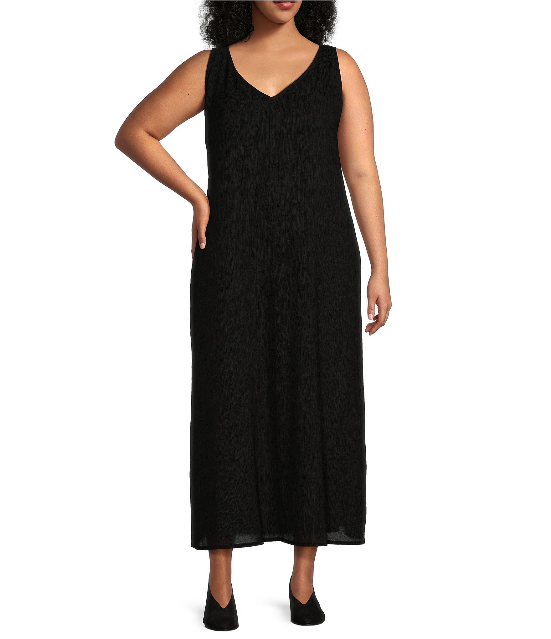 Eileen Fisher Plus Size Woven Crinkle Plisse V-Neck Sleeveless Dress ...