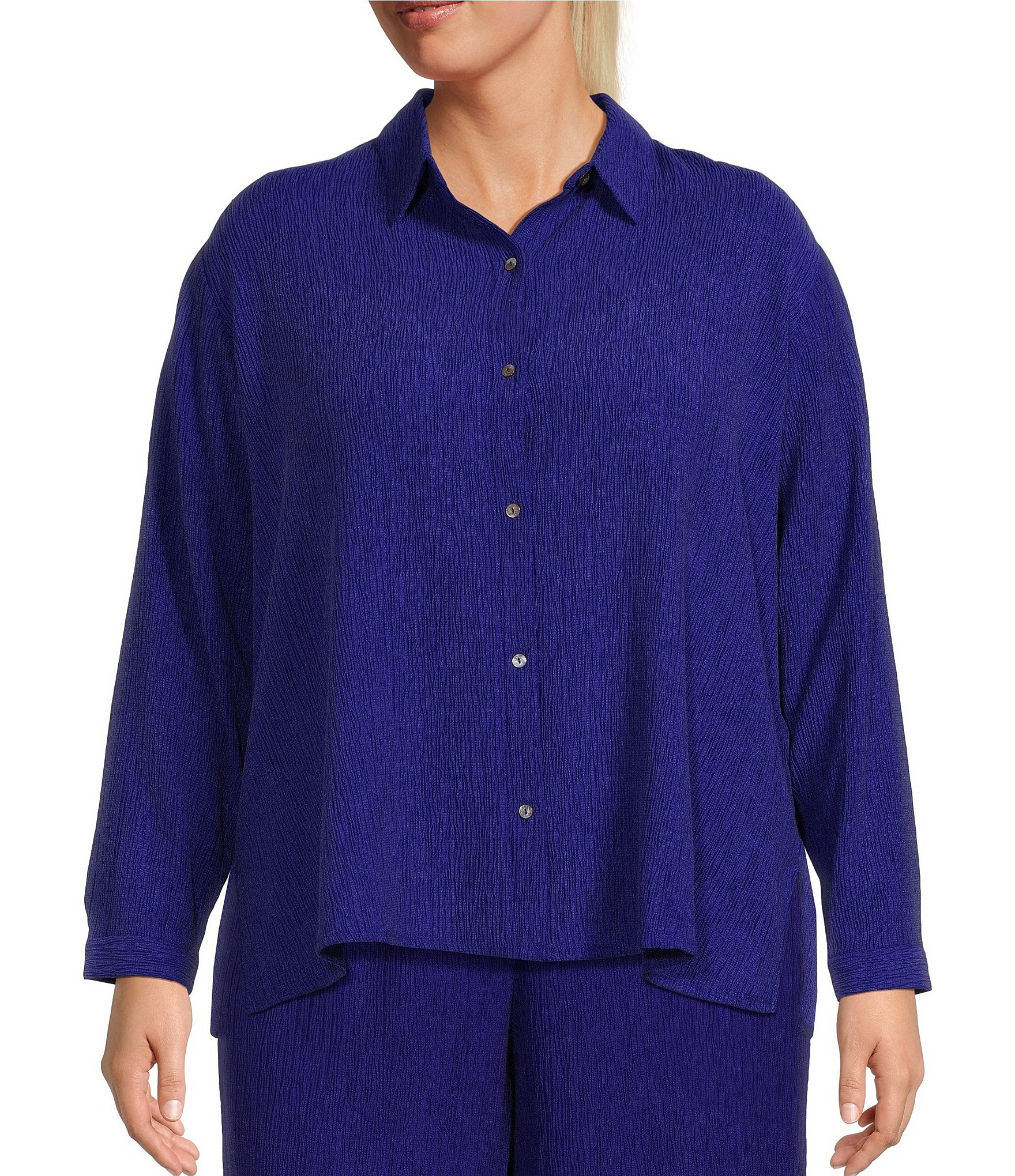 Eileen Fisher Plus Size Woven Plisse Point Collar Long Sleeve ...