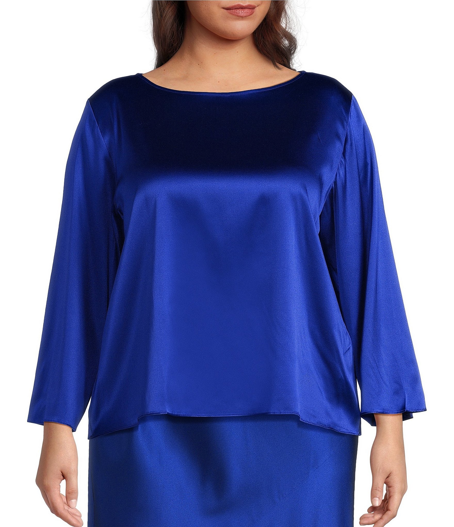 Eileen Fisher Plus Stretch Silk Charmeuse Boat Neck Flare Bracelet Sleeve Top