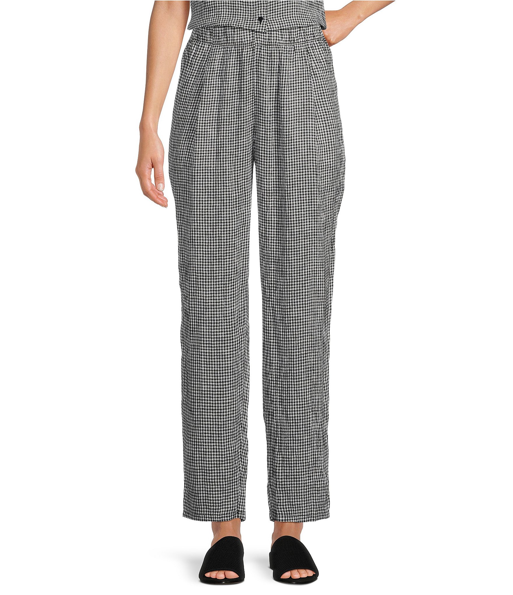 Eileen Fisher Puckered Organic Linen Check Print Tapered Leg Ankle ...