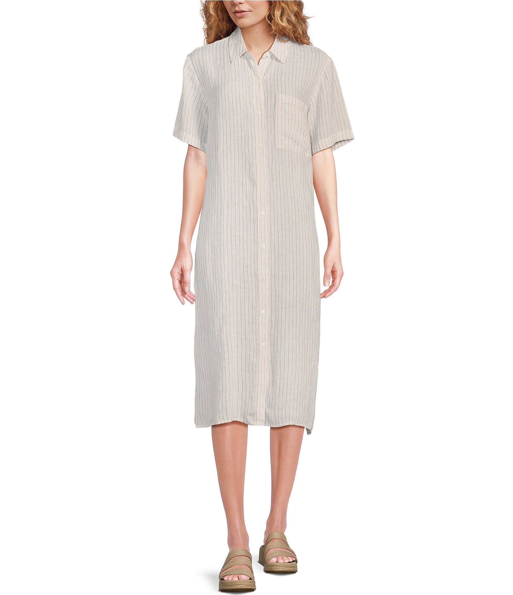 Eileen Fisher Puckered Organic Linen Point Collar Short Sleeve Button ...