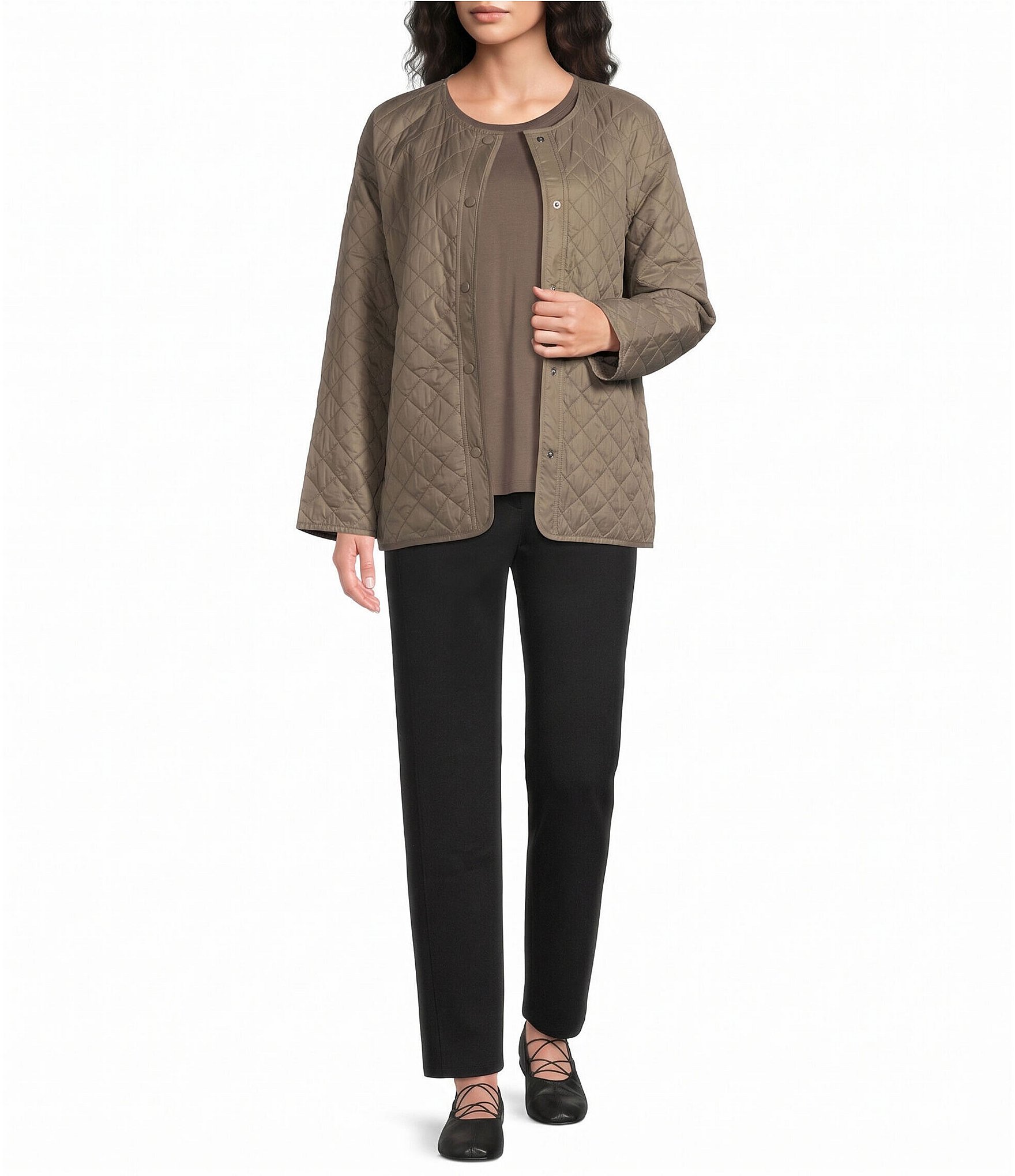 Eileen Fisher Quilted Round Neck Long Sleeve Short Coat