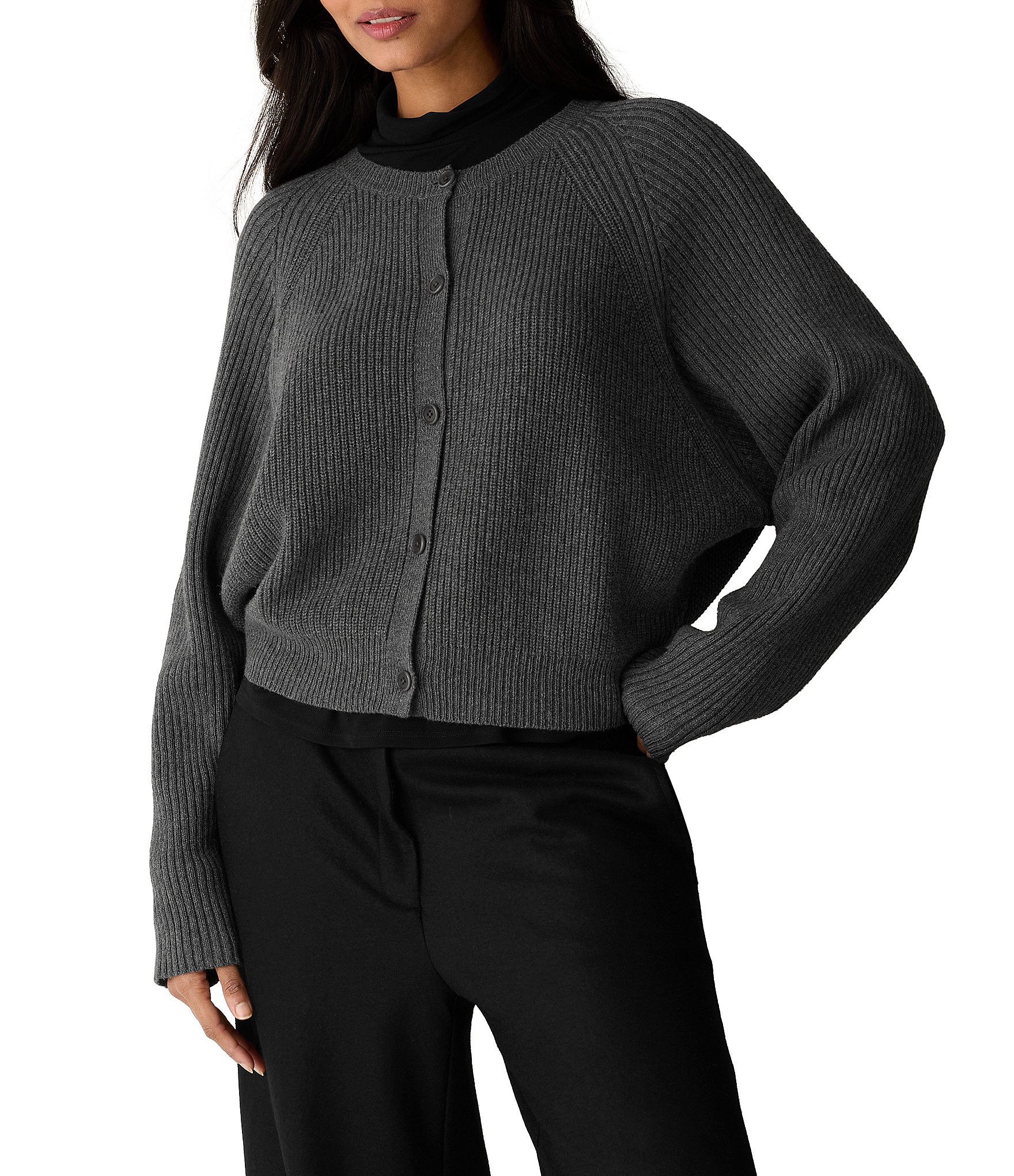 Eileen Fisher Ribbed Knit Round Neck Long Sleeve Button-Front Cardigan