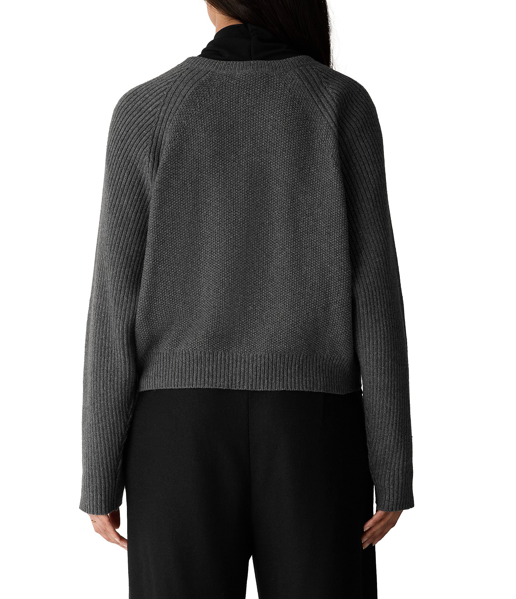 Eileen Fisher Ribbed Knit Round Neck Long Sleeve Button-Front Cardigan