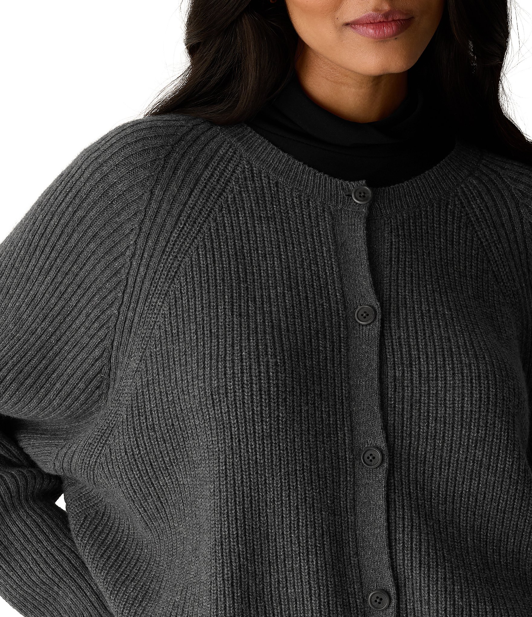 Eileen Fisher Ribbed Knit Round Neck Long Sleeve Button-Front Cardigan