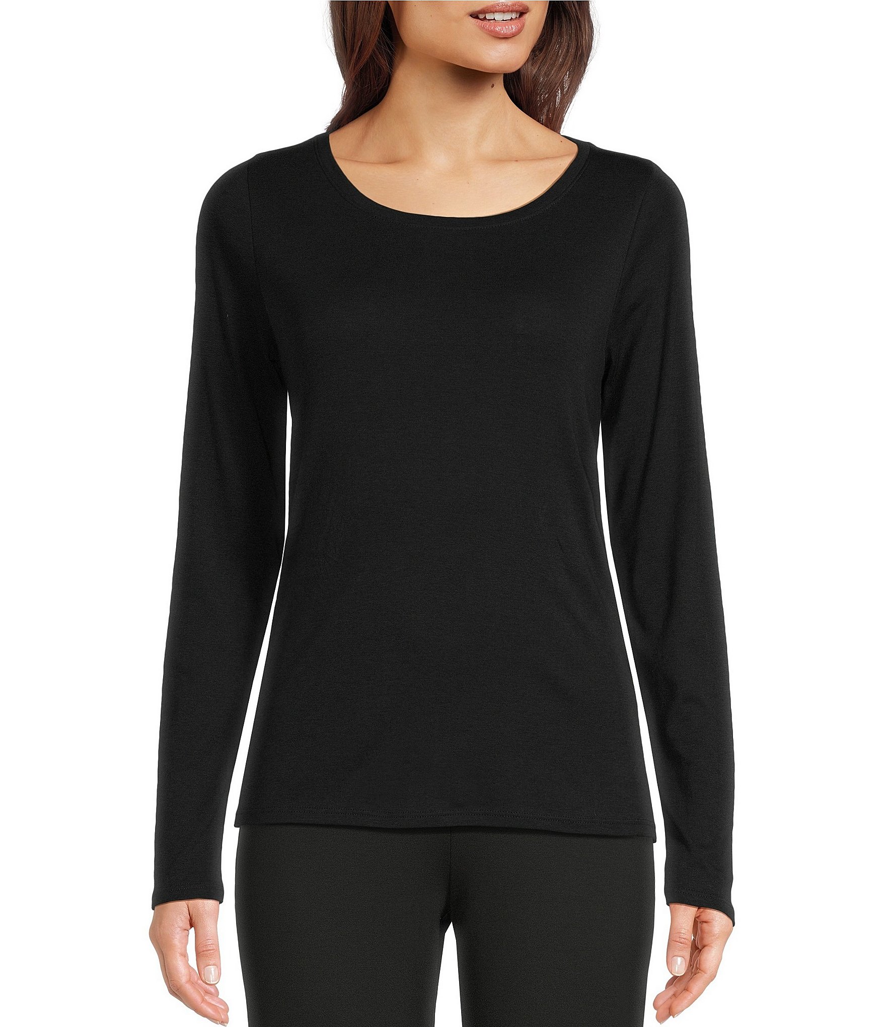 Eileen Fisher Ribbed Organic Cotton Scoop Neck Long Sleeve Slim Top ...