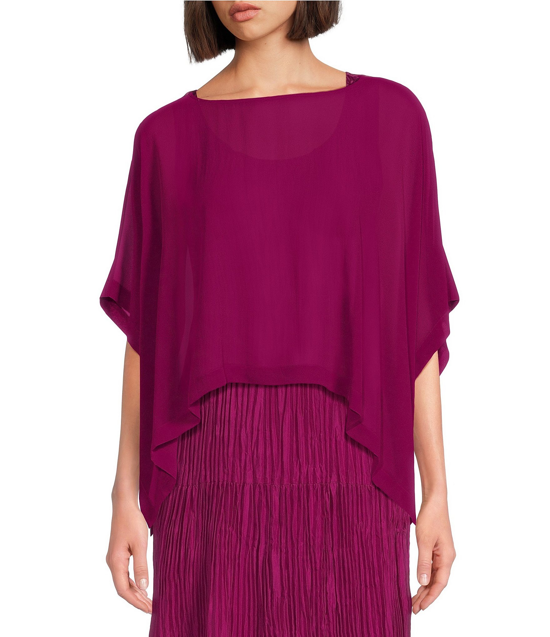 Eileen Fisher Sheer Silk Georgette Boat Neck Short Sleeve Boxy Poncho ...