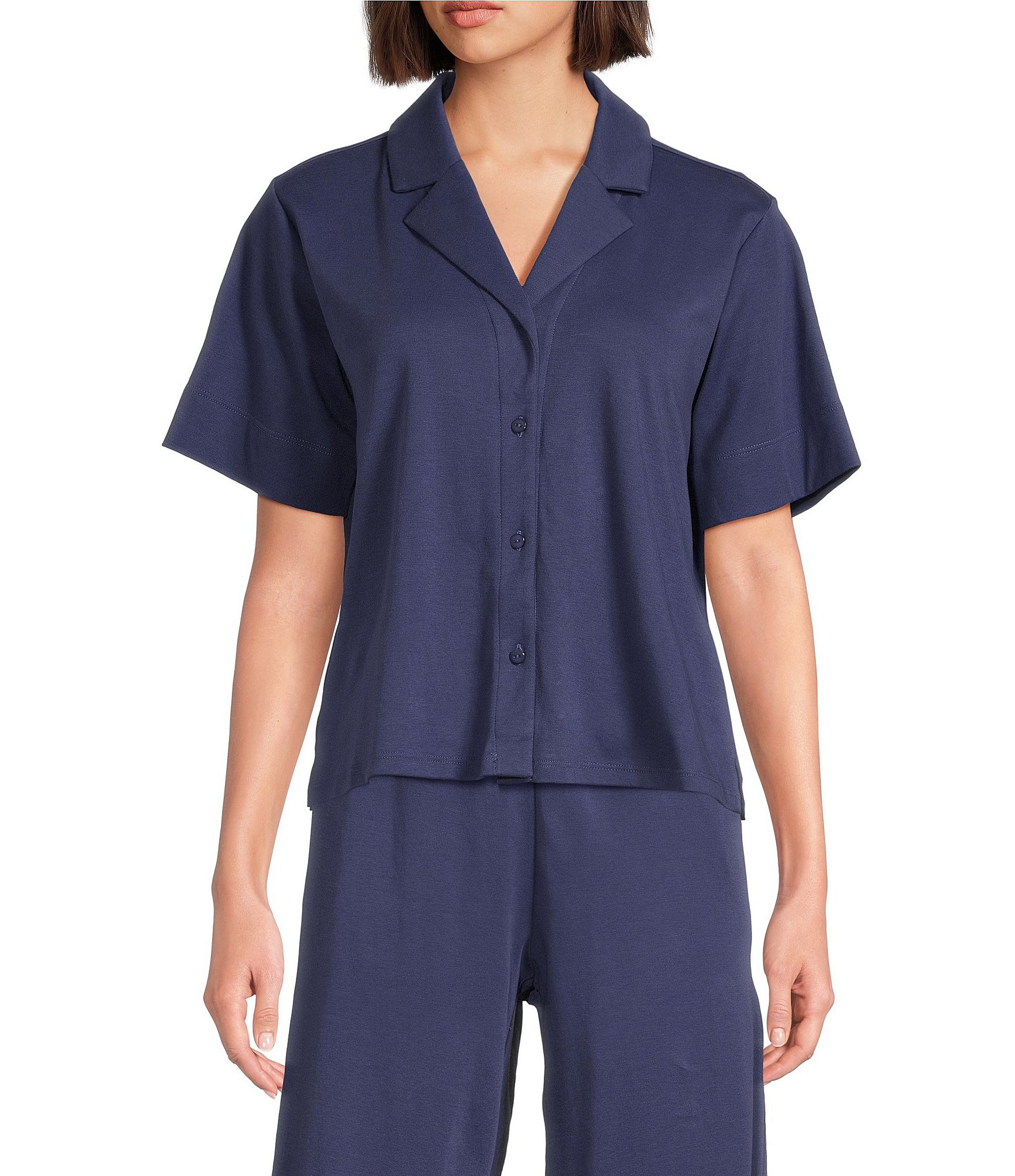 Eileen Fisher Organic Cotton Short Sleeve Interlock Knit Notch Collar Sleep Top