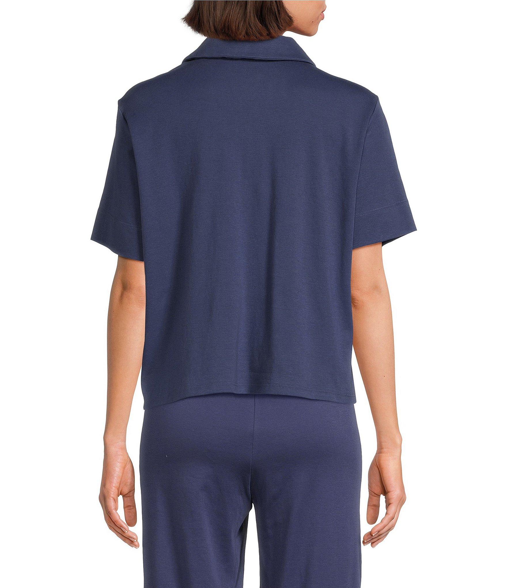 Eileen Fisher Organic Cotton Short Sleeve Interlock Knit Notch Collar Sleep Top