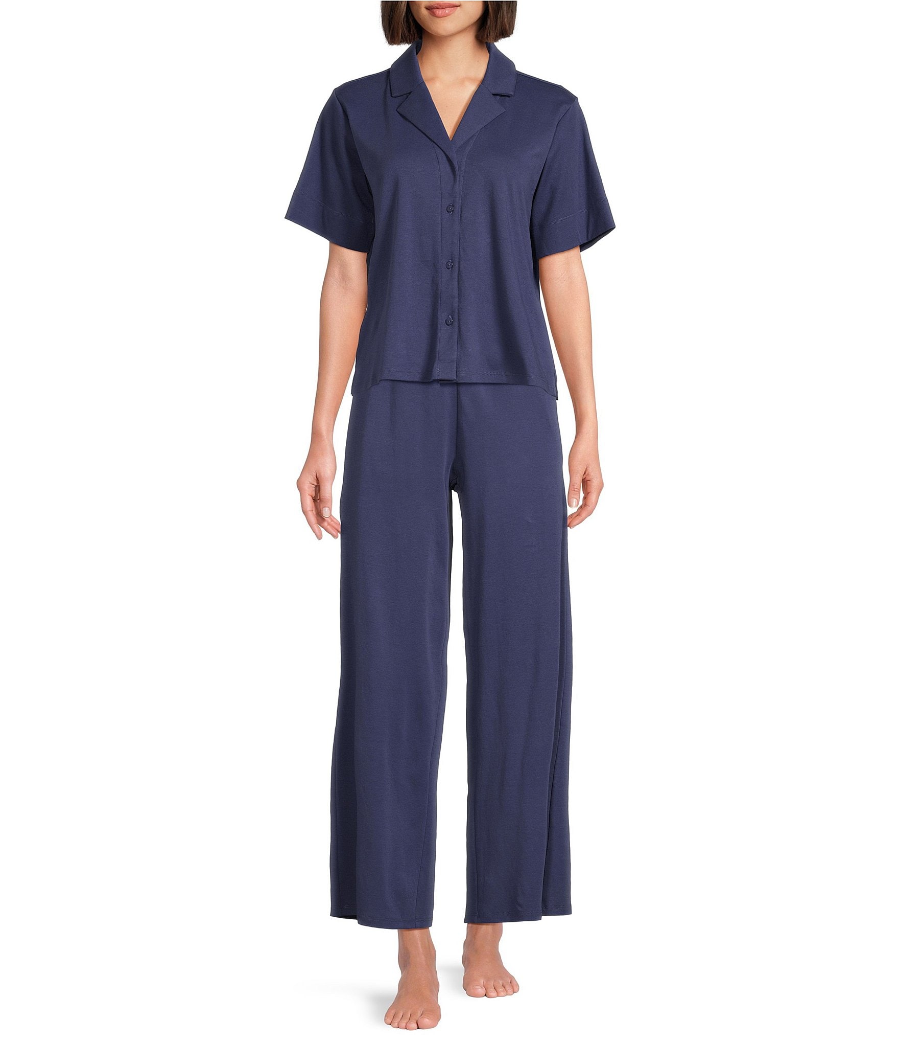 Eileen Fisher Organic Cotton Short Sleeve Interlock Knit Notch Collar Sleep Top
