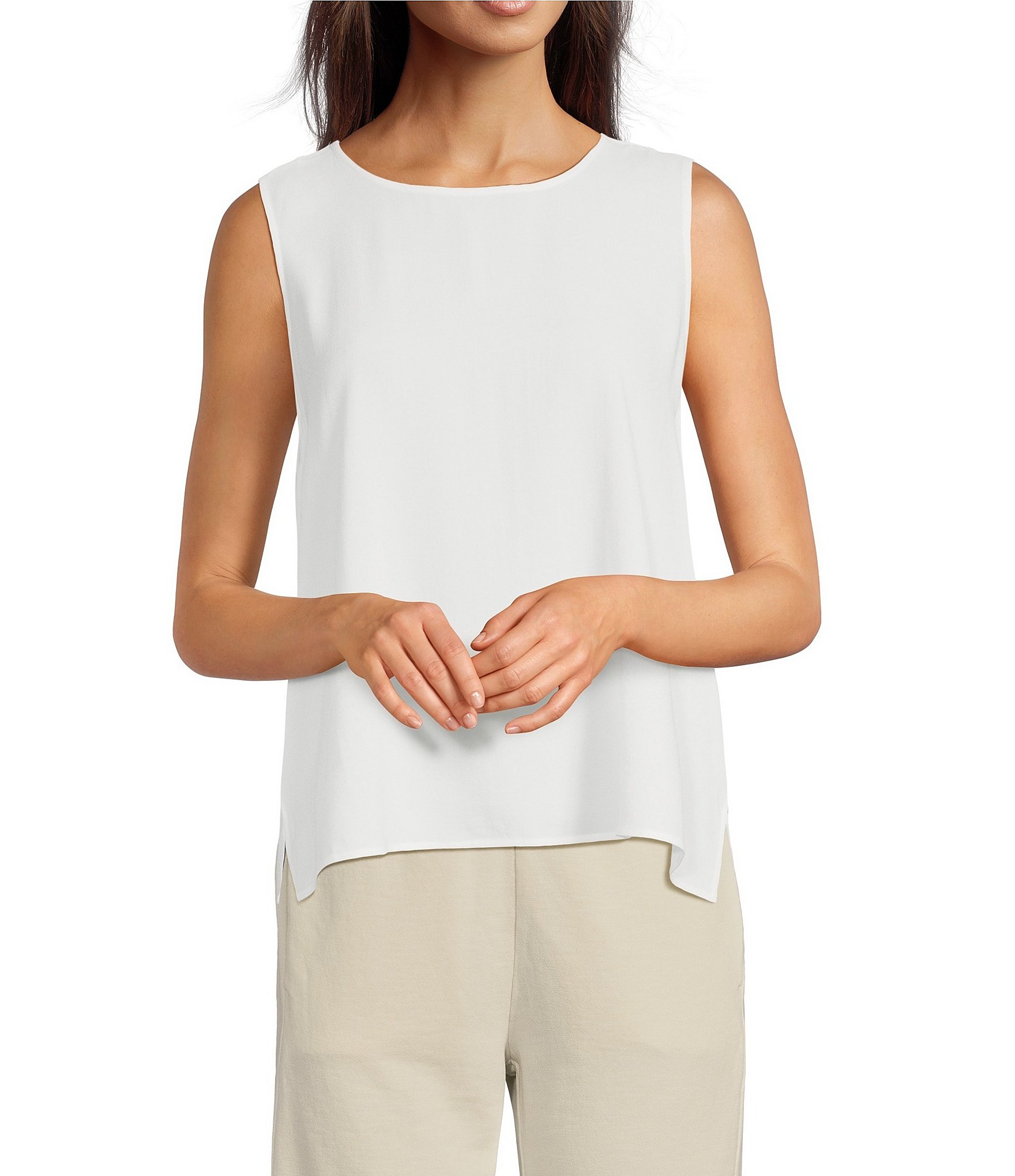 Eileen Fisher Silk Georgette Crepe Crew Neck Sleeveless Shell Tank