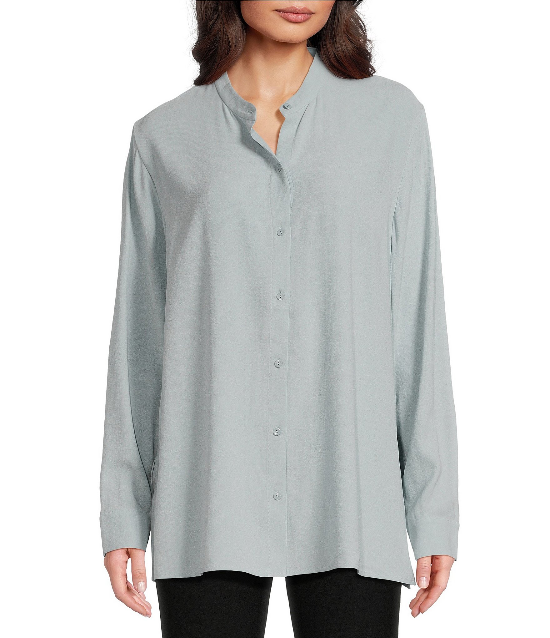 Eileen Fisher Silk Georgette Crepe Mandarin Collar Long Sleeve Button Front  Shirt | Dillard's