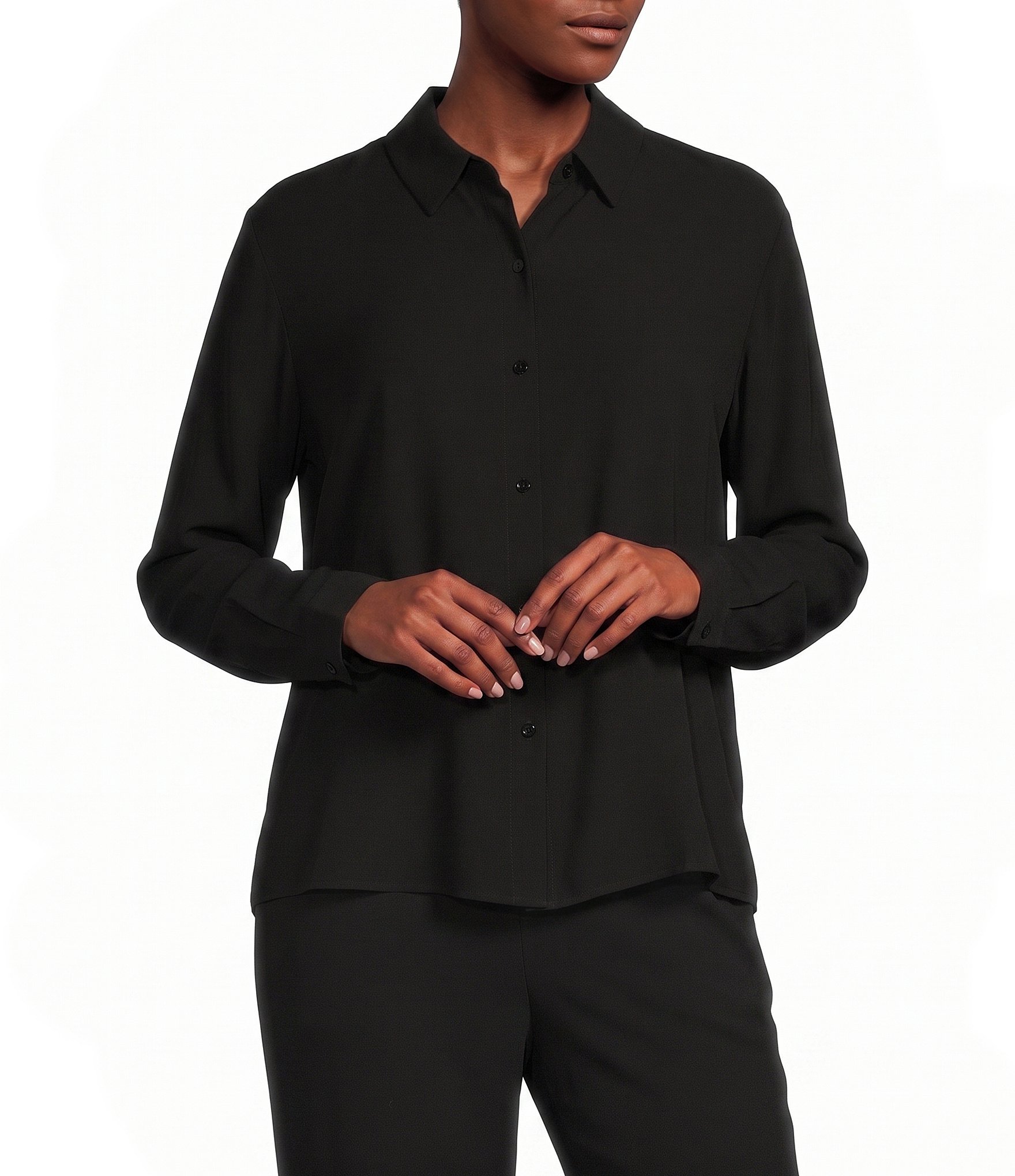 Eileen Fisher Silk Georgette Crepe Point Collar Long Sleeve Button-Front Shirt
