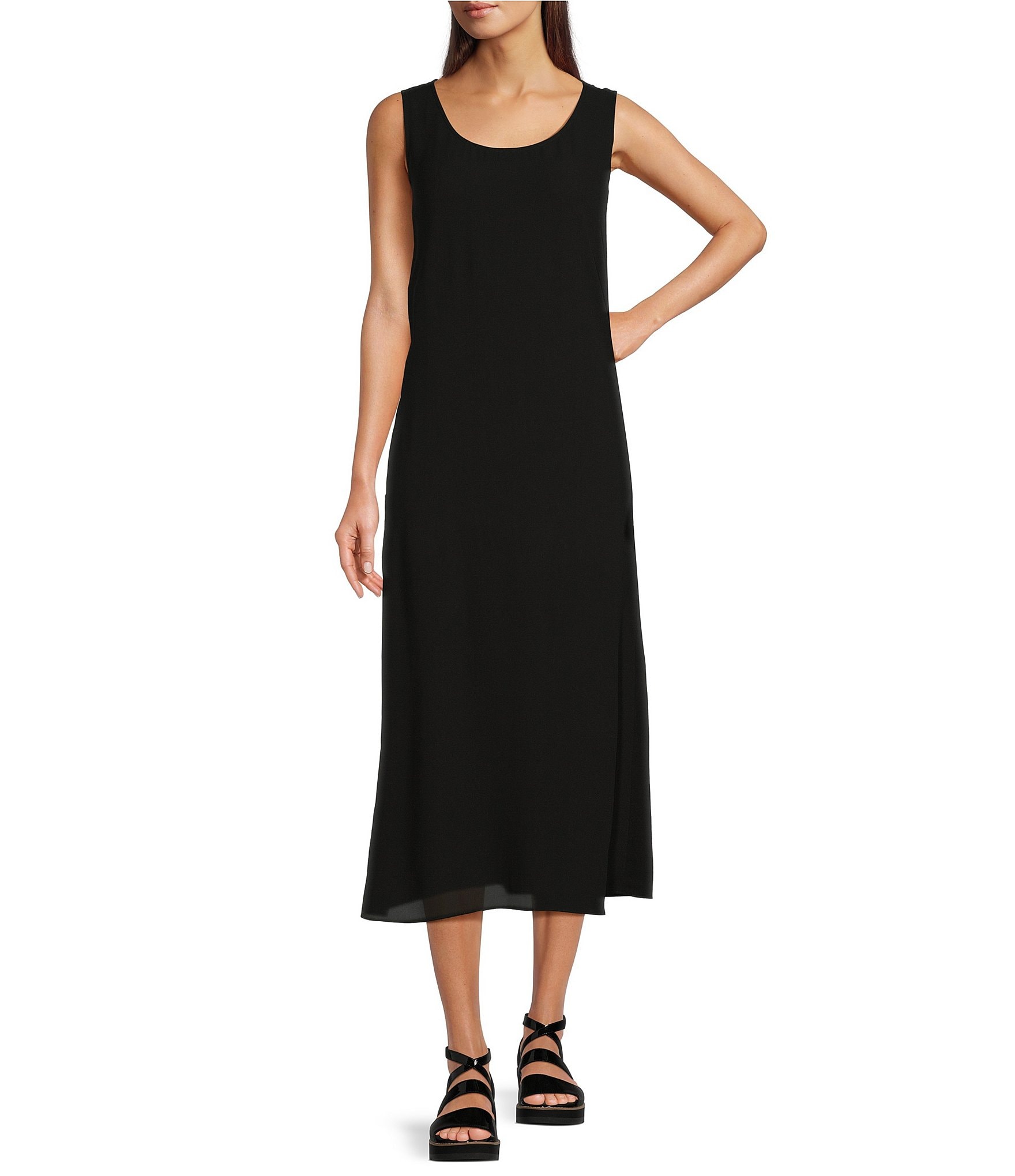 Eileen Fisher Silk Georgette Crepe Scoop Neck Sleeveless Pocketed Shift ...