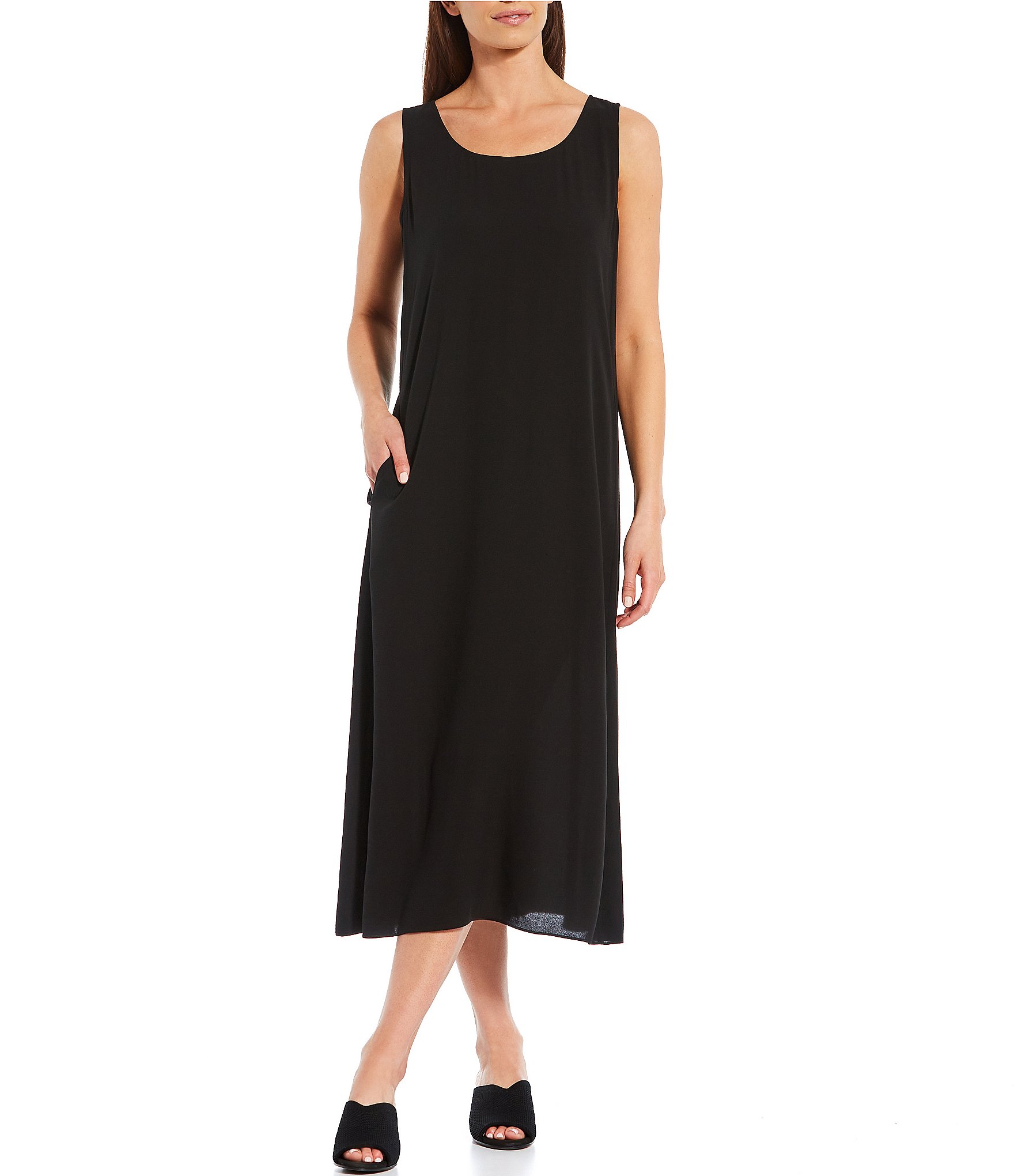 Eileen Fisher Silk Georgette Crepe Scoop Neck Sleeveless Pocketed Shift ...