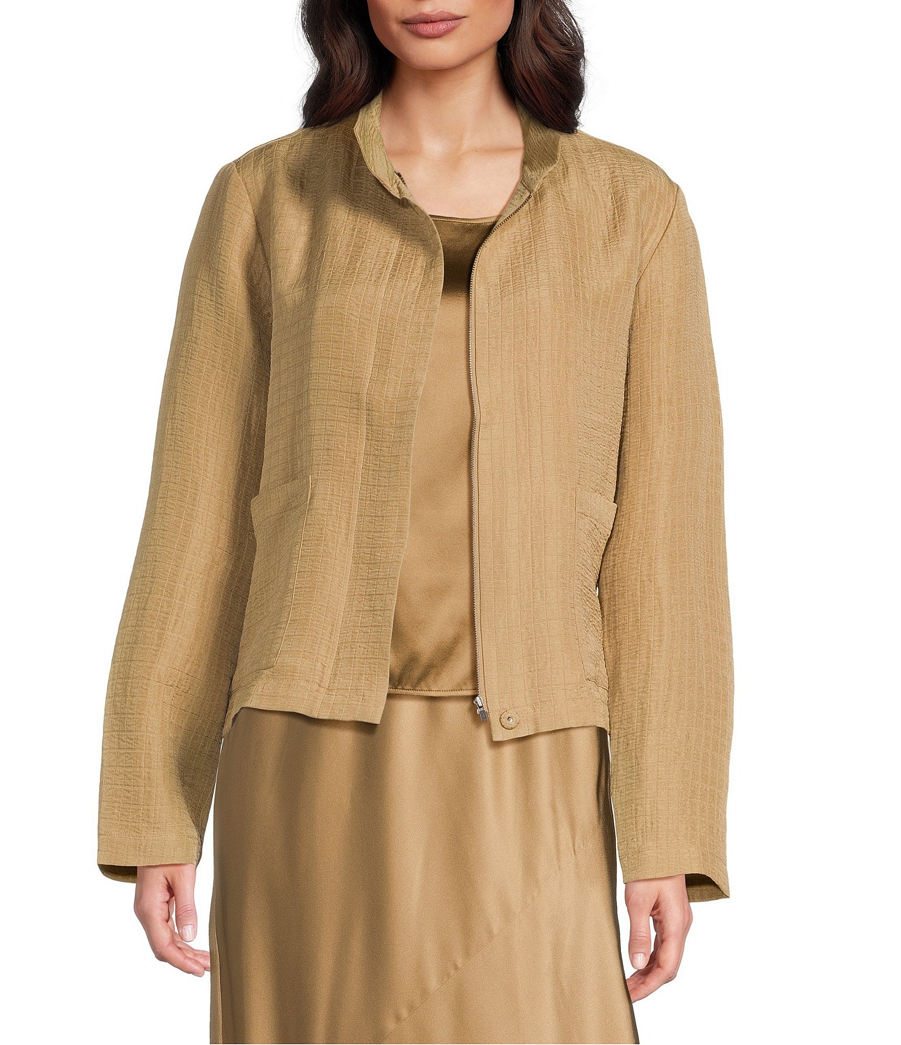 Eileen Fisher Silk Linen-Blend Stand Collar Long Sleeve Pocketed Boxy Fit Jacket