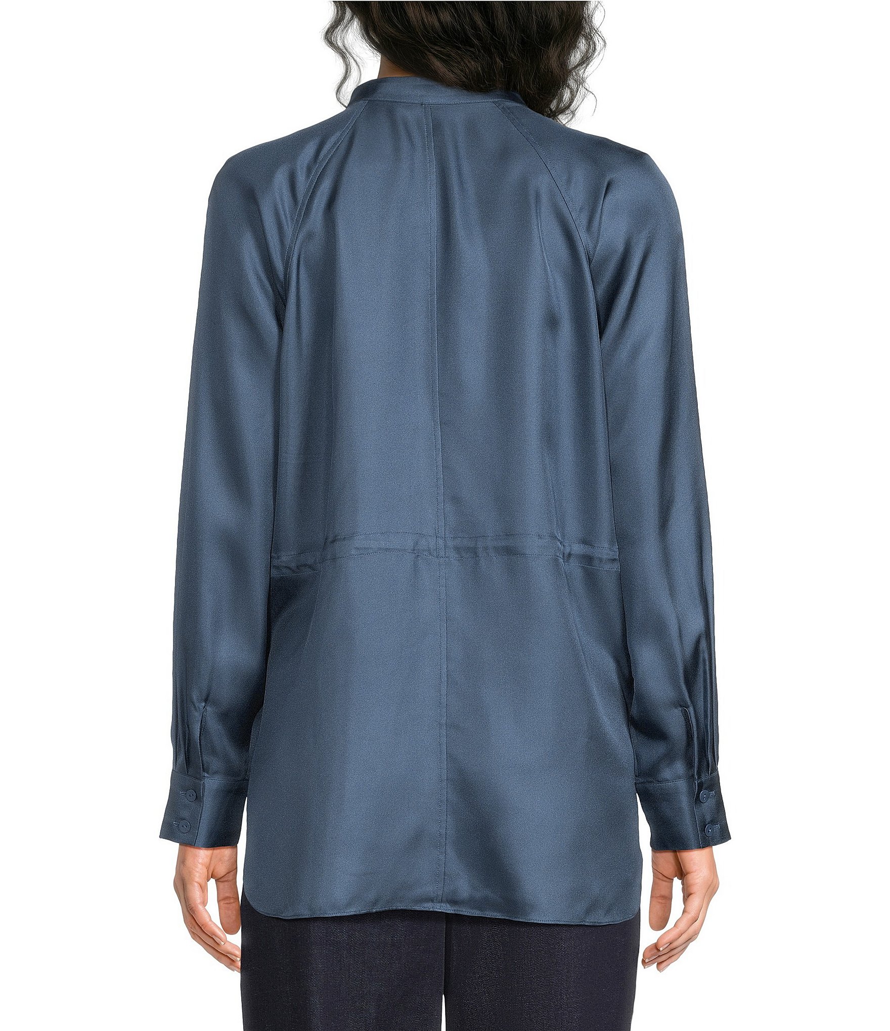 Eileen Fisher Silk Twill Mandarin Collar Long Sleeve Button-Front Shirt