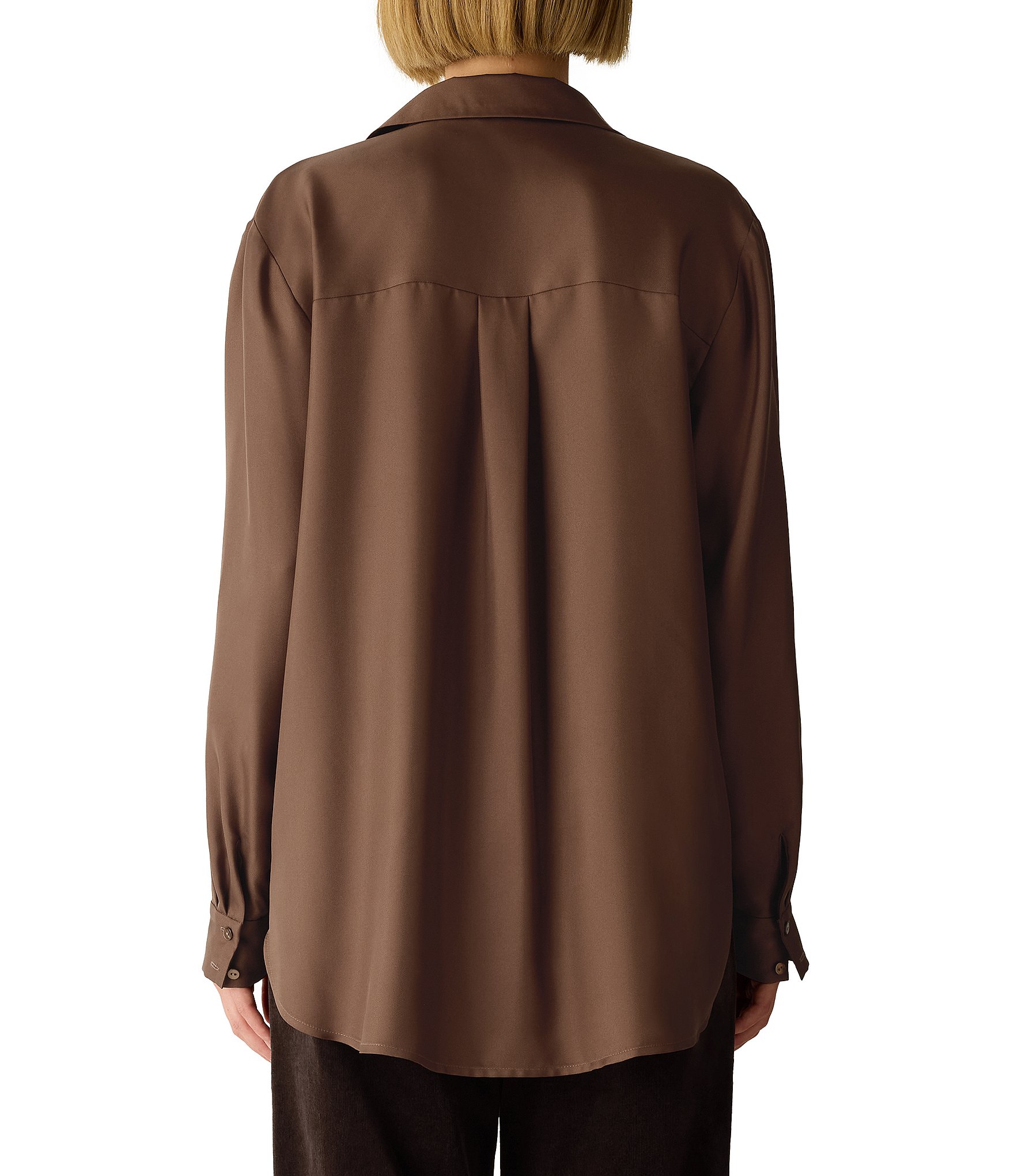 Eileen Fisher Silk Twill Point Collar Long Sleeve Button-Front Shirt