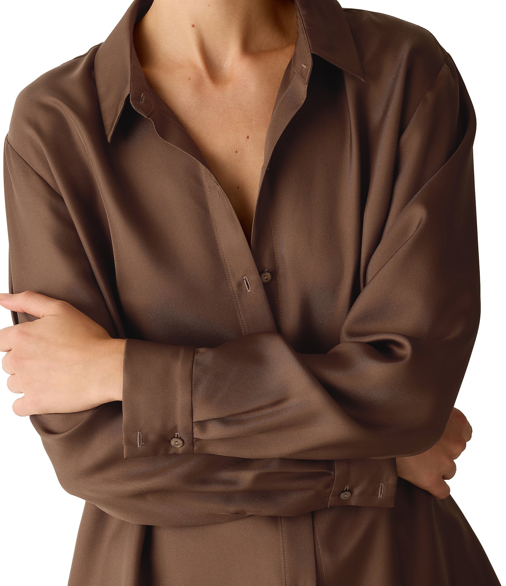 Eileen Fisher Silk Twill Point Collar Long Sleeve Button-Front Shirt